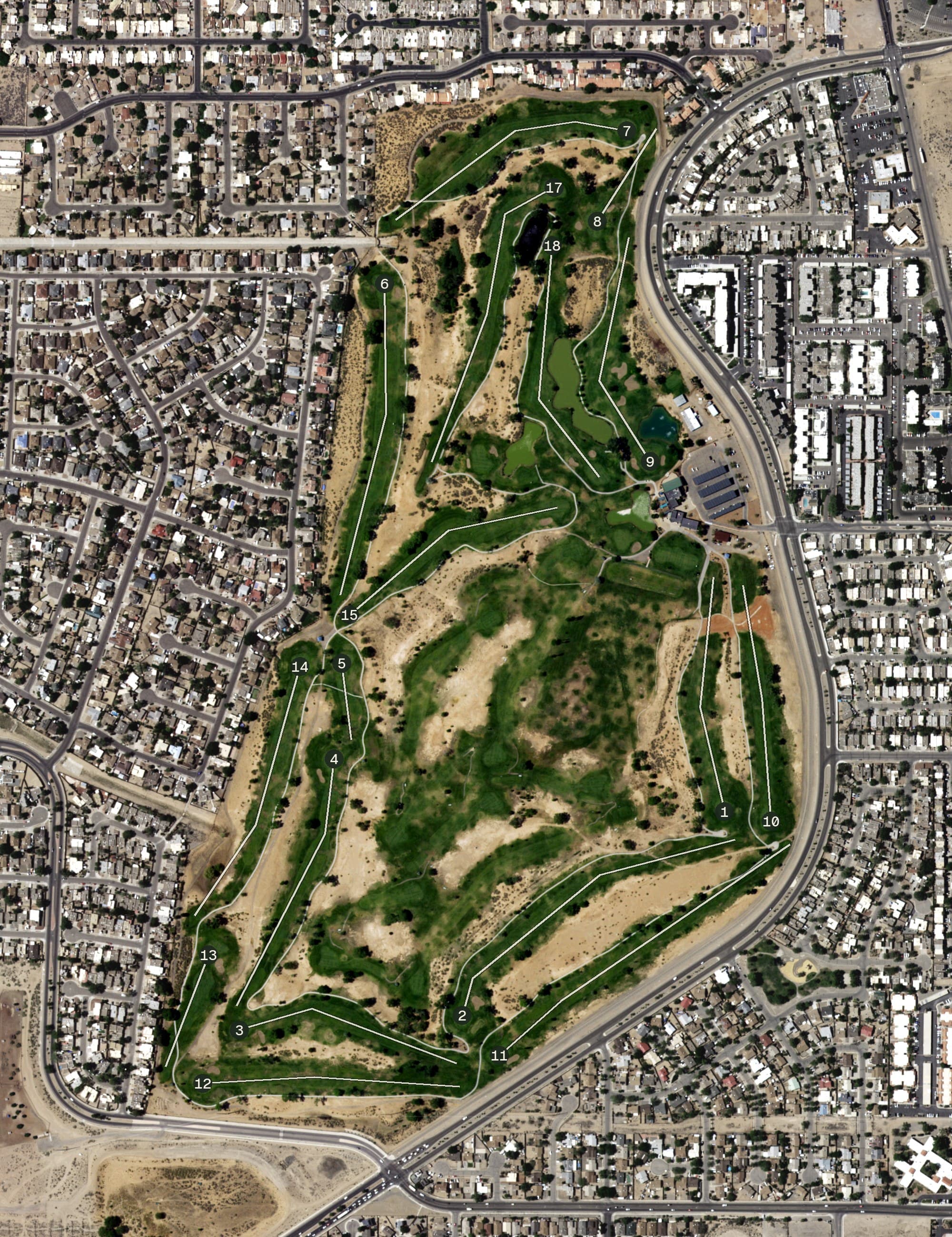 Aerial view of Ladera Golf Course, NM, with its hole routing marked