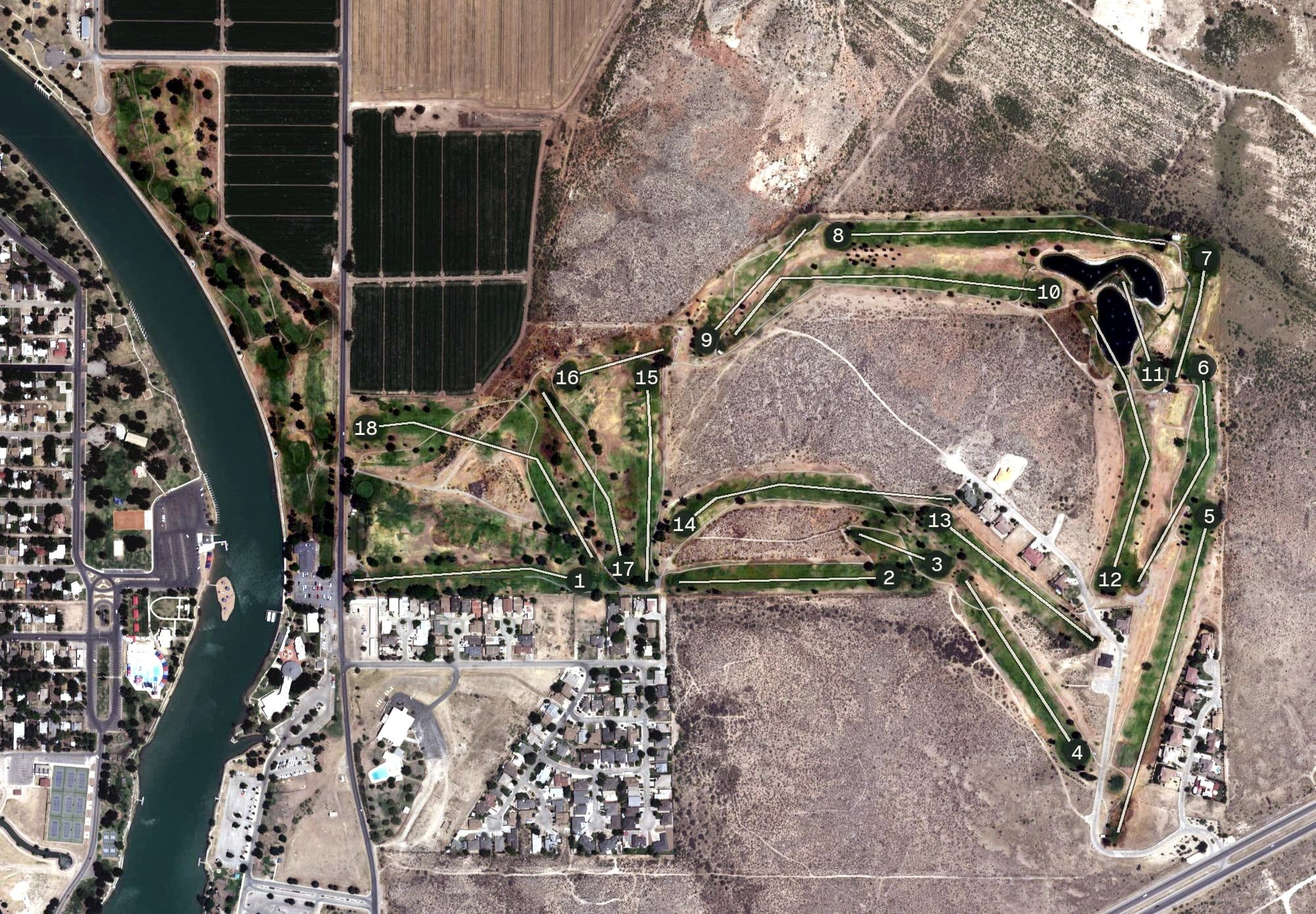 Aerial view of Lake Carlsbad Municipal Golf Course, NM, with its hole routing marked