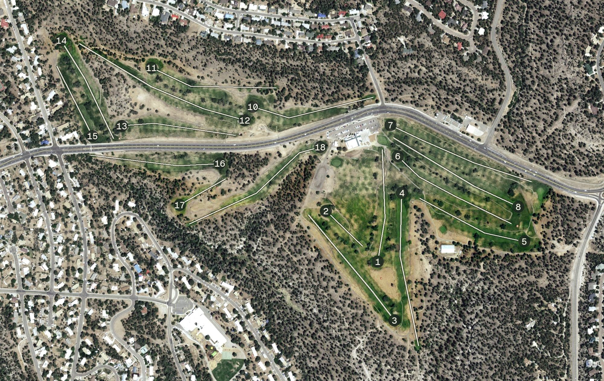 Aerial view of Los Alamos County Golf Course, NM, with its hole routing marked