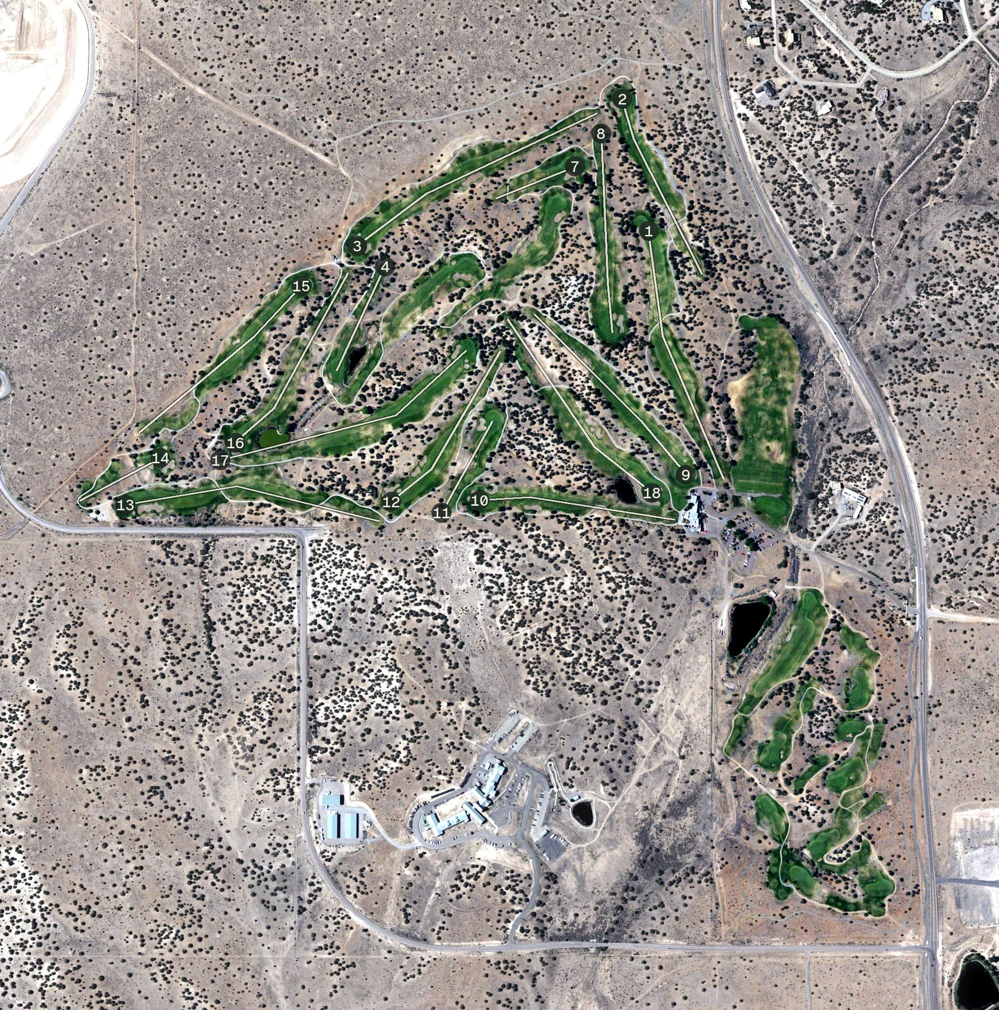 Aerial view of Marty Sanchez Links de Santa Fe, NM, with its hole routing marked
