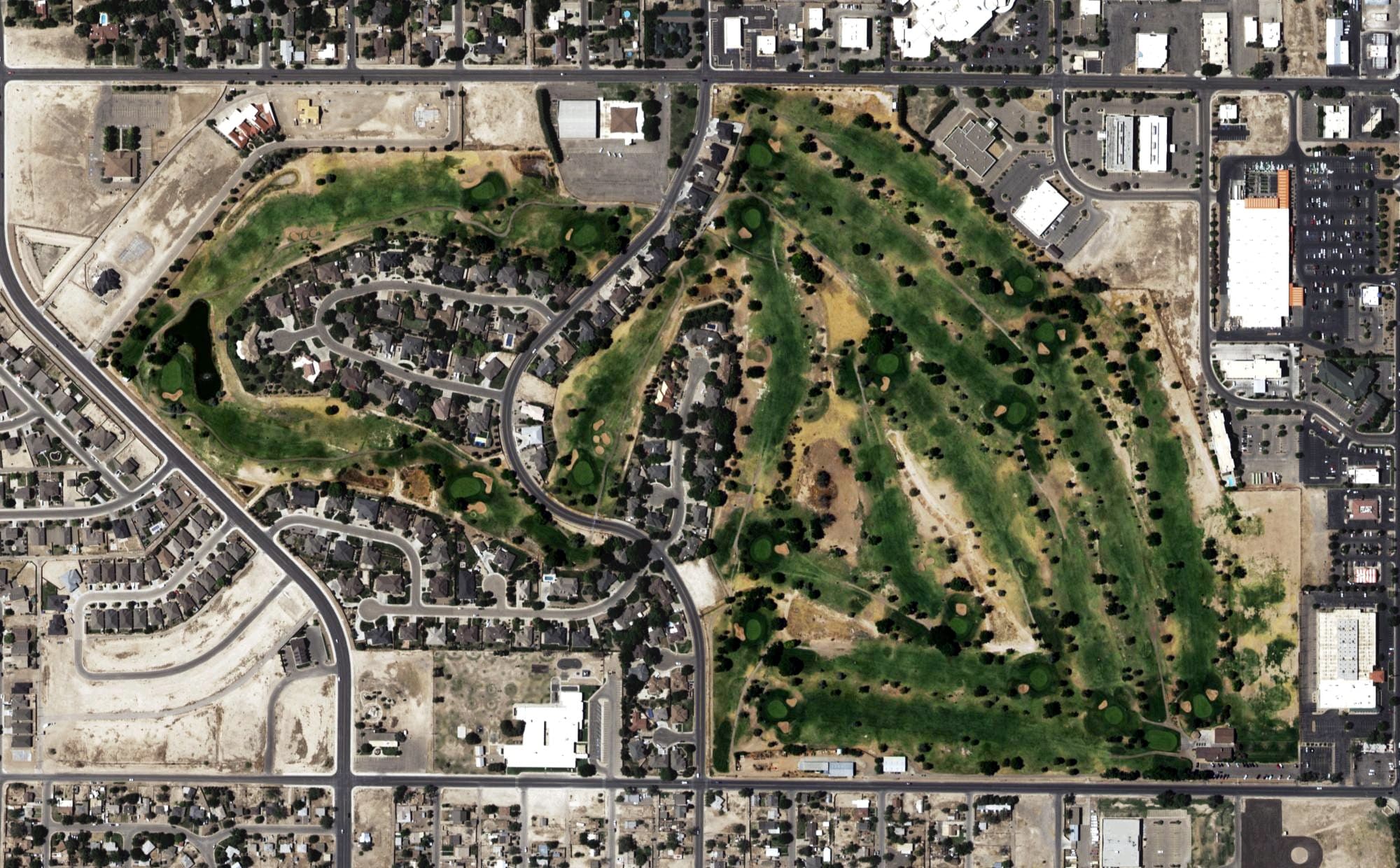 Aerial view of New Mexico Military Institute Golf Course, NM, with its hole routing marked