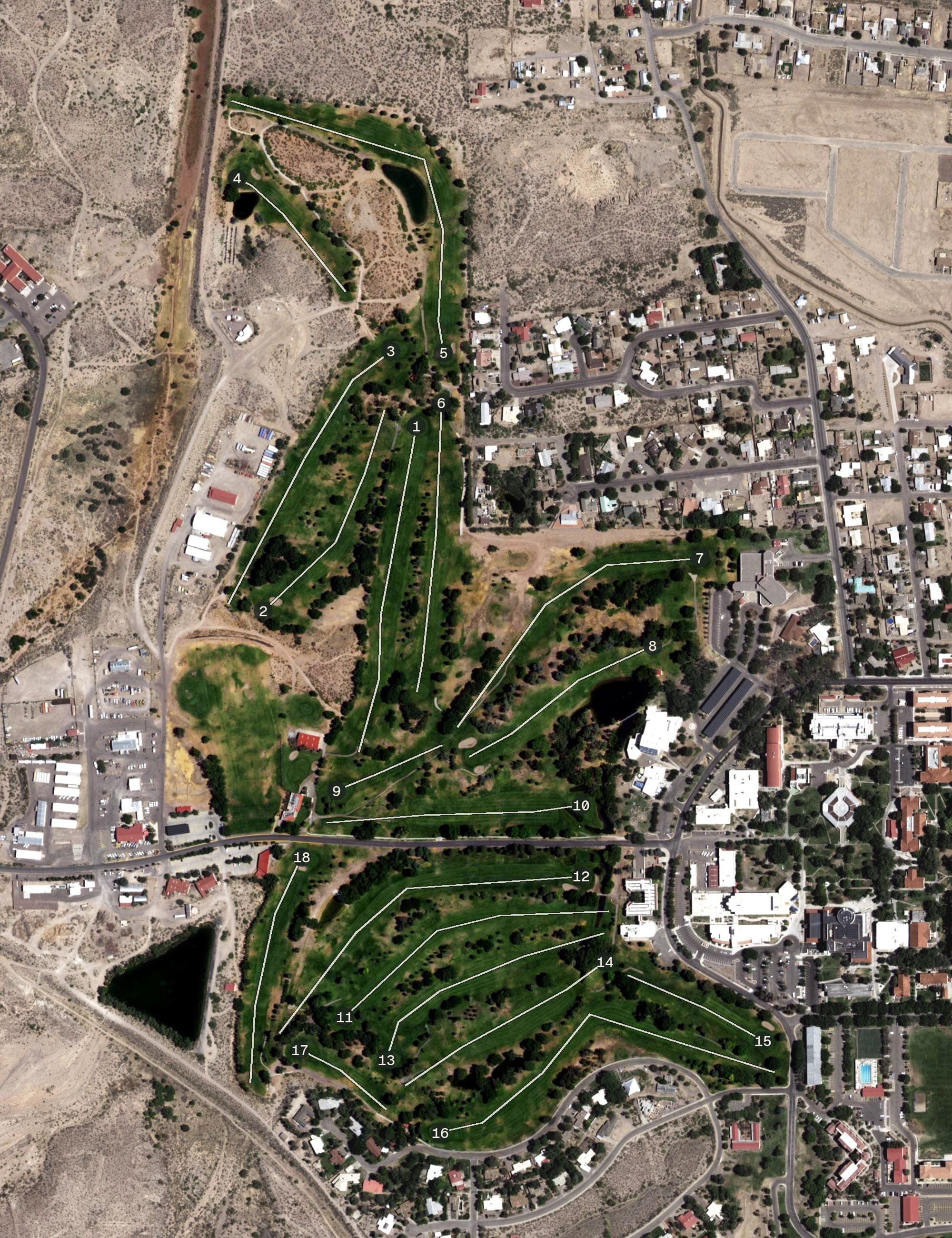 Aerial view of New Mexico Tech Golf Course, NM, with its hole routing marked