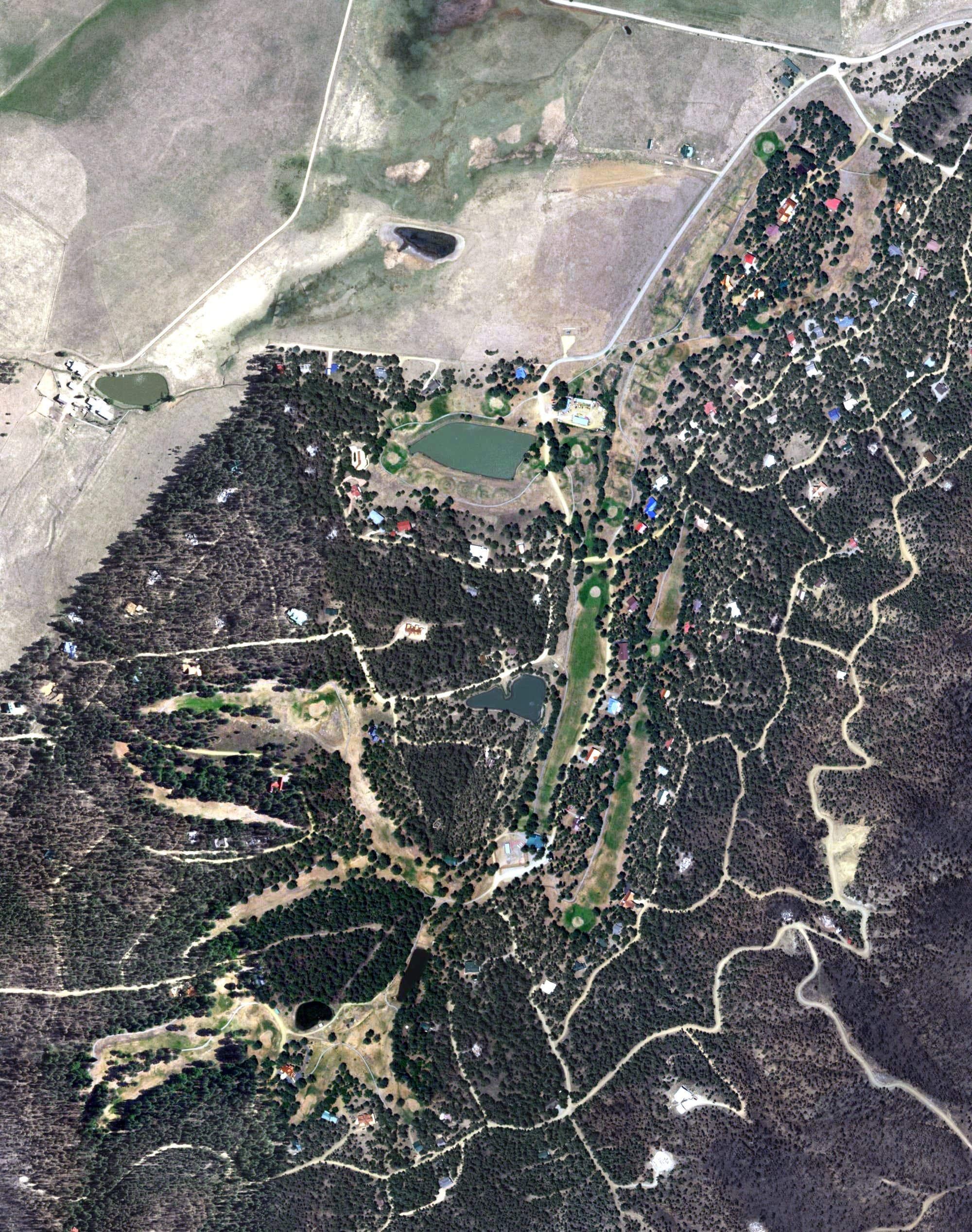 Aerial view of Pendaries Golf Course, NM, with its hole routing marked