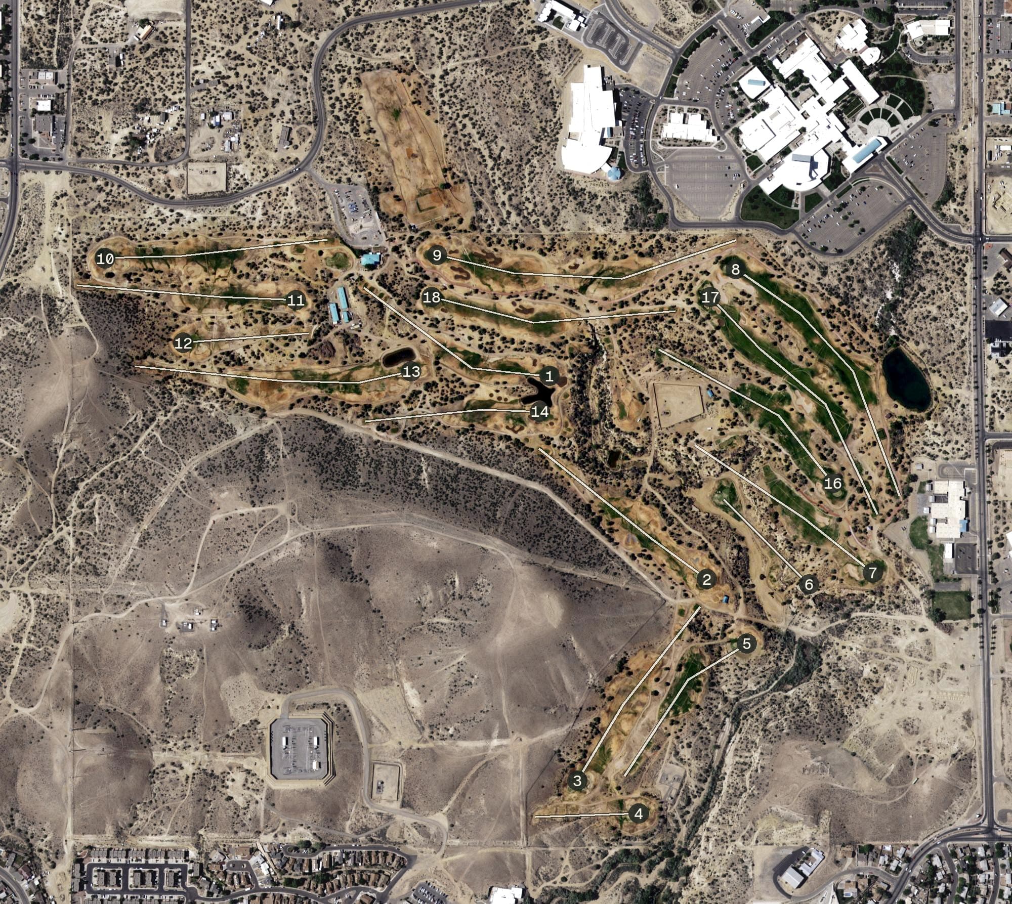 Aerial view of Piñon Hills Golf Course, NM, with its hole routing marked