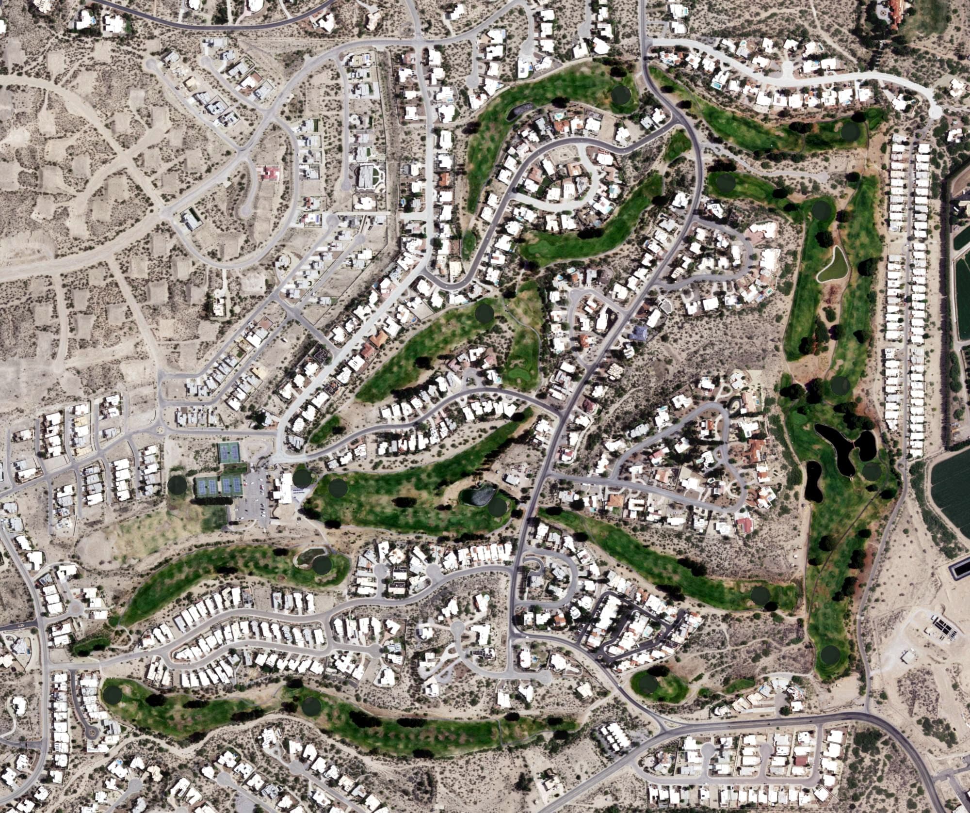Aerial view of Picacho Hills Country Club, NM, with its hole routing marked