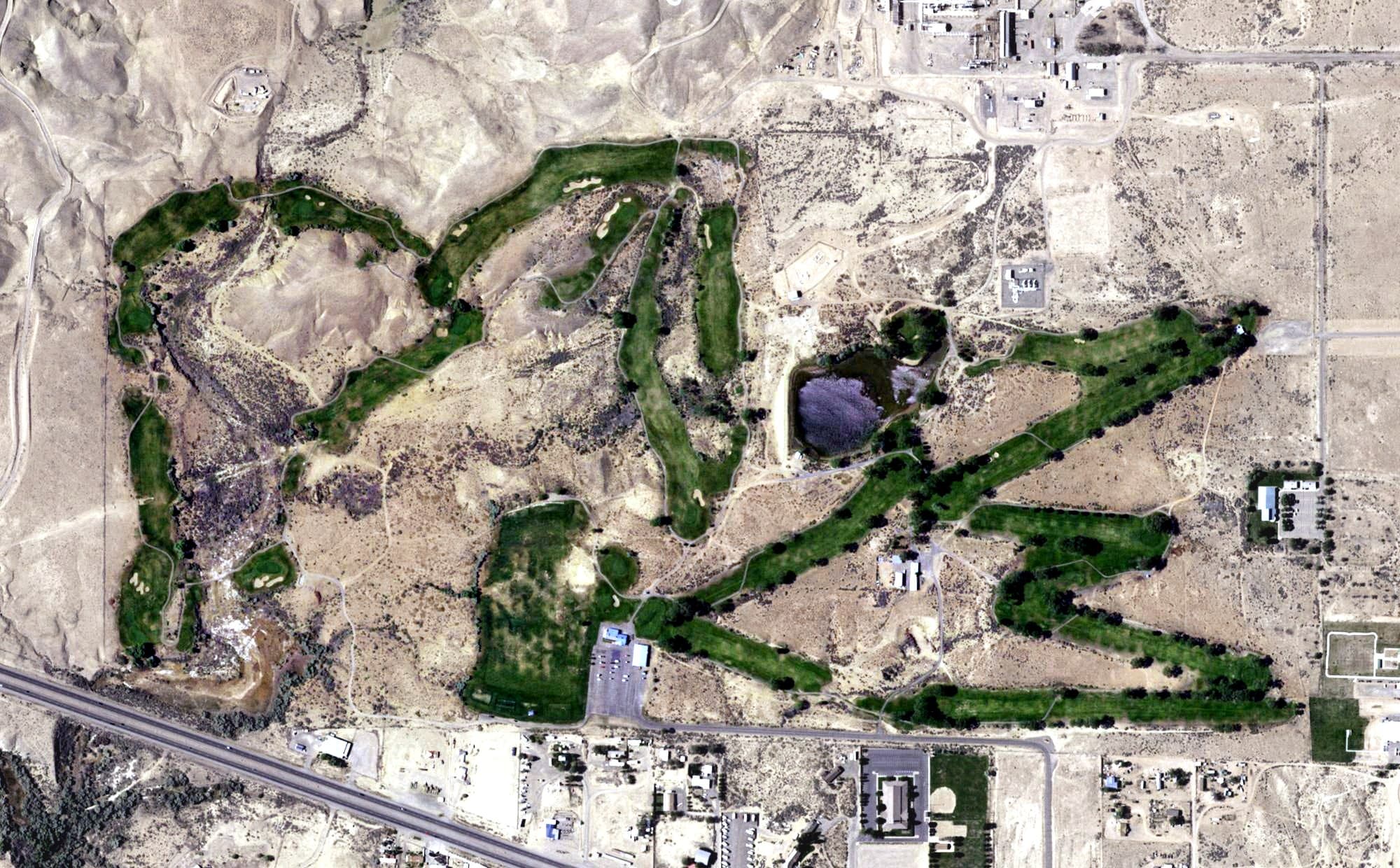 Aerial view of Riverview Golf Course, NM, with its hole routing marked
