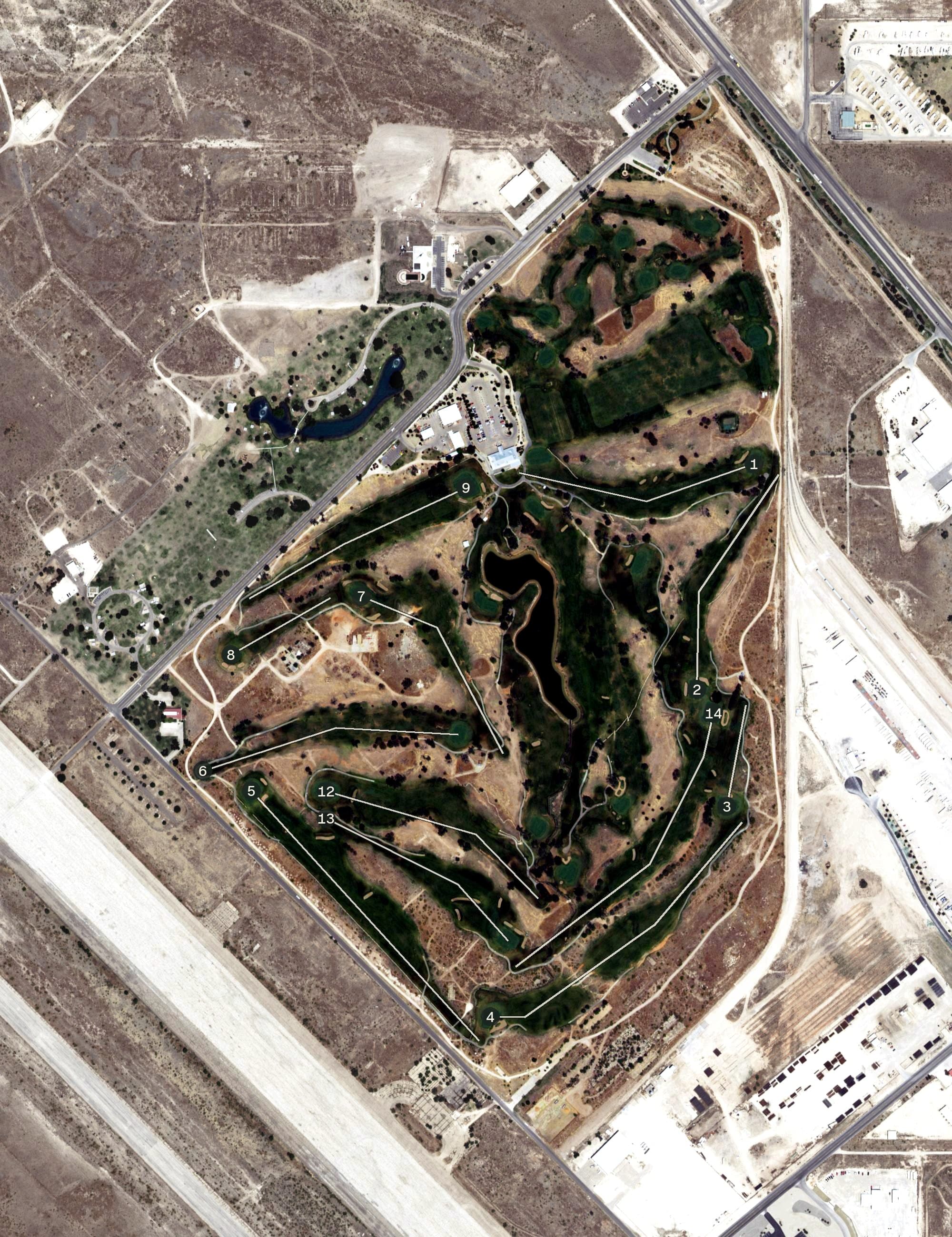 Aerial view of Rockwind Community Links, NM, with its hole routing marked
