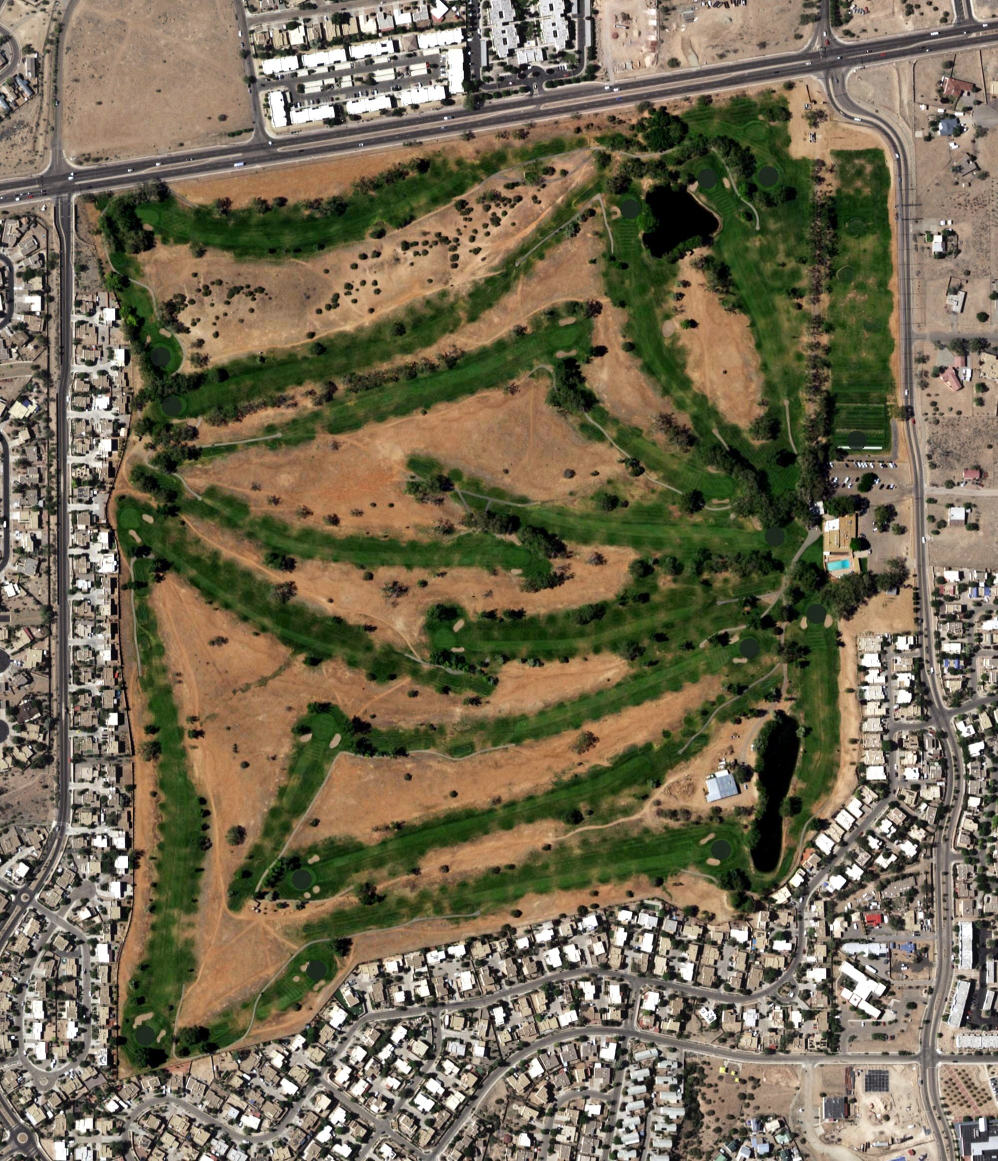 Aerial view of Santa Fe Country Club, NM, with its hole routing marked