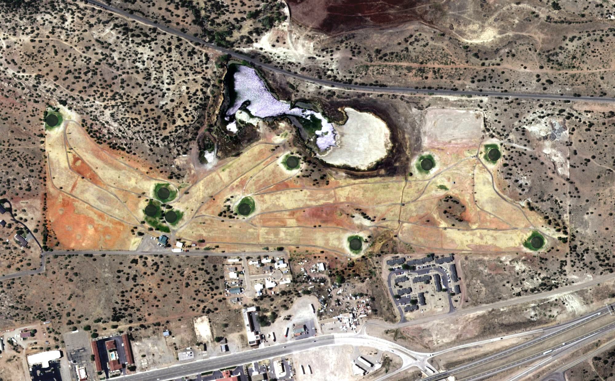 Aerial view of Santa Rosa Golf Course, NM, with its hole routing marked