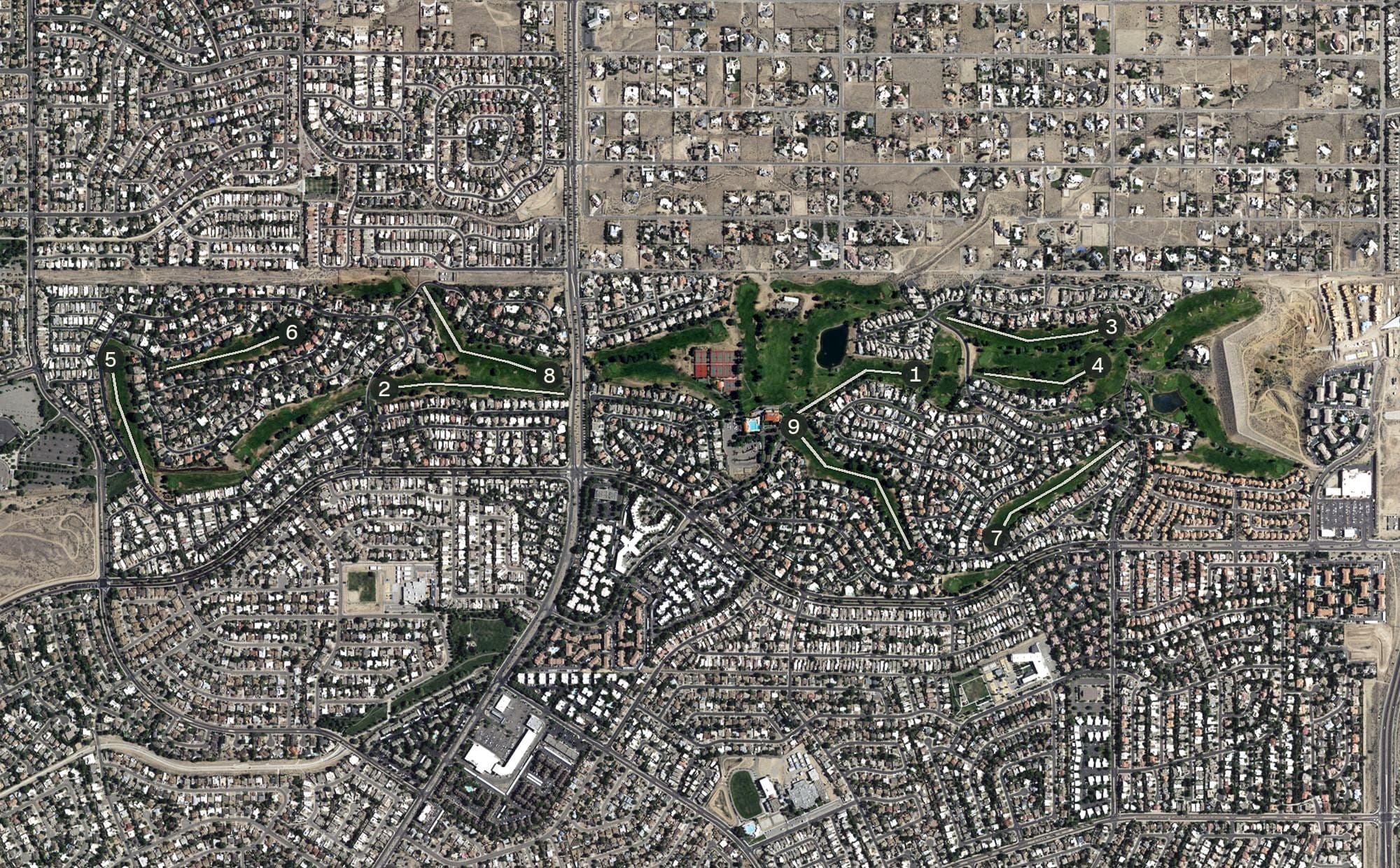 Aerial view of Tanoan Country Club, NM, with its hole routing marked