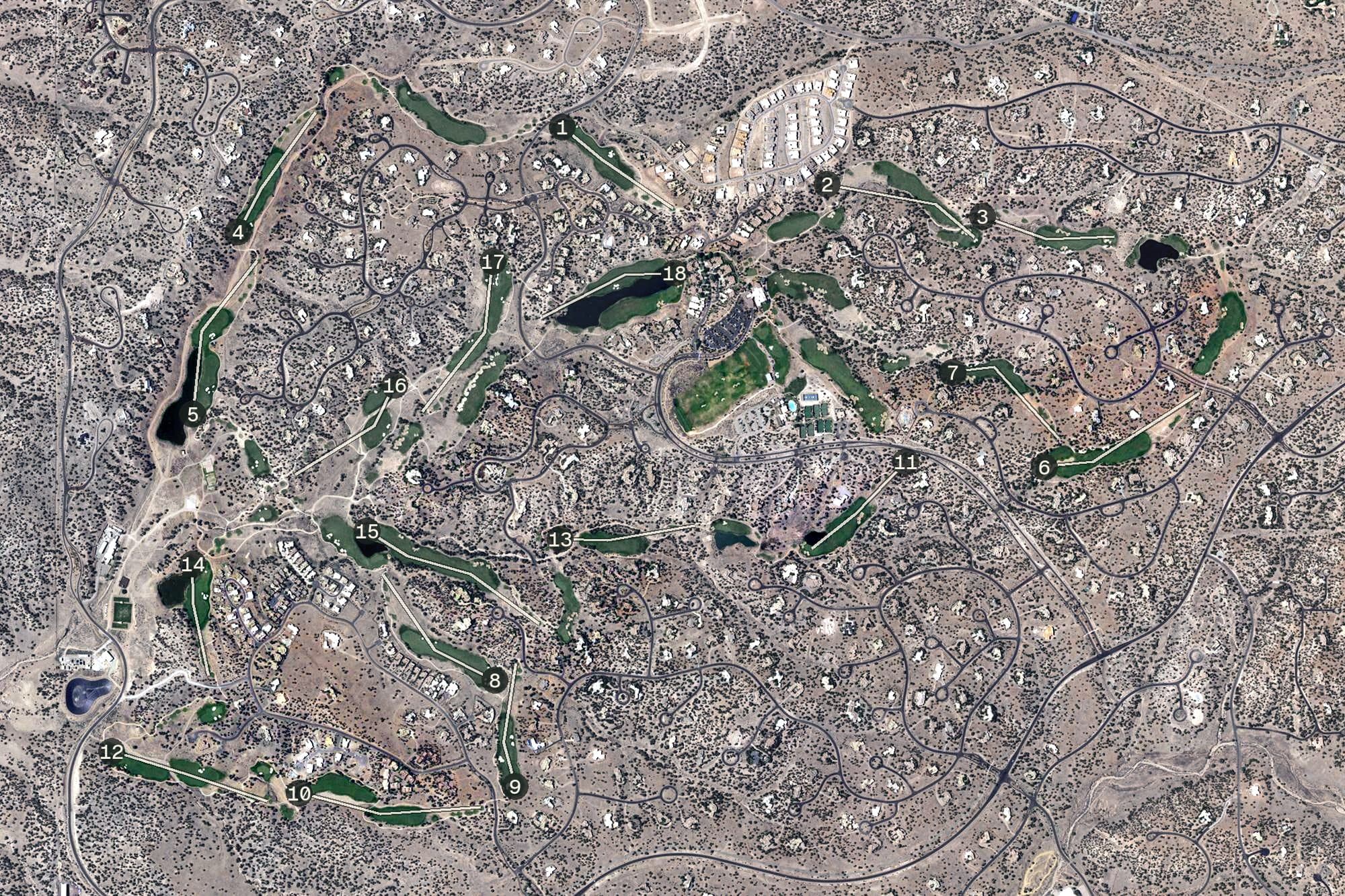 Aerial view of The Club at Las Campanas, NM, with its hole routing marked