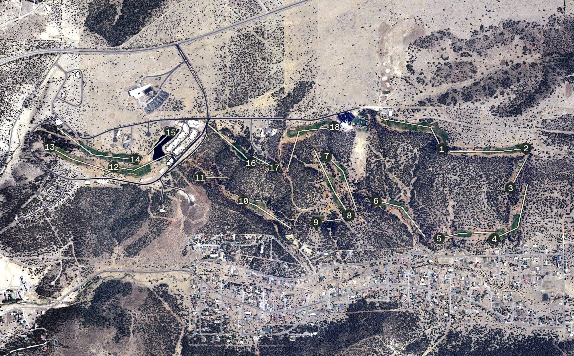 Aerial view of The Golf Club at Rainmakers, NM, with its hole routing marked