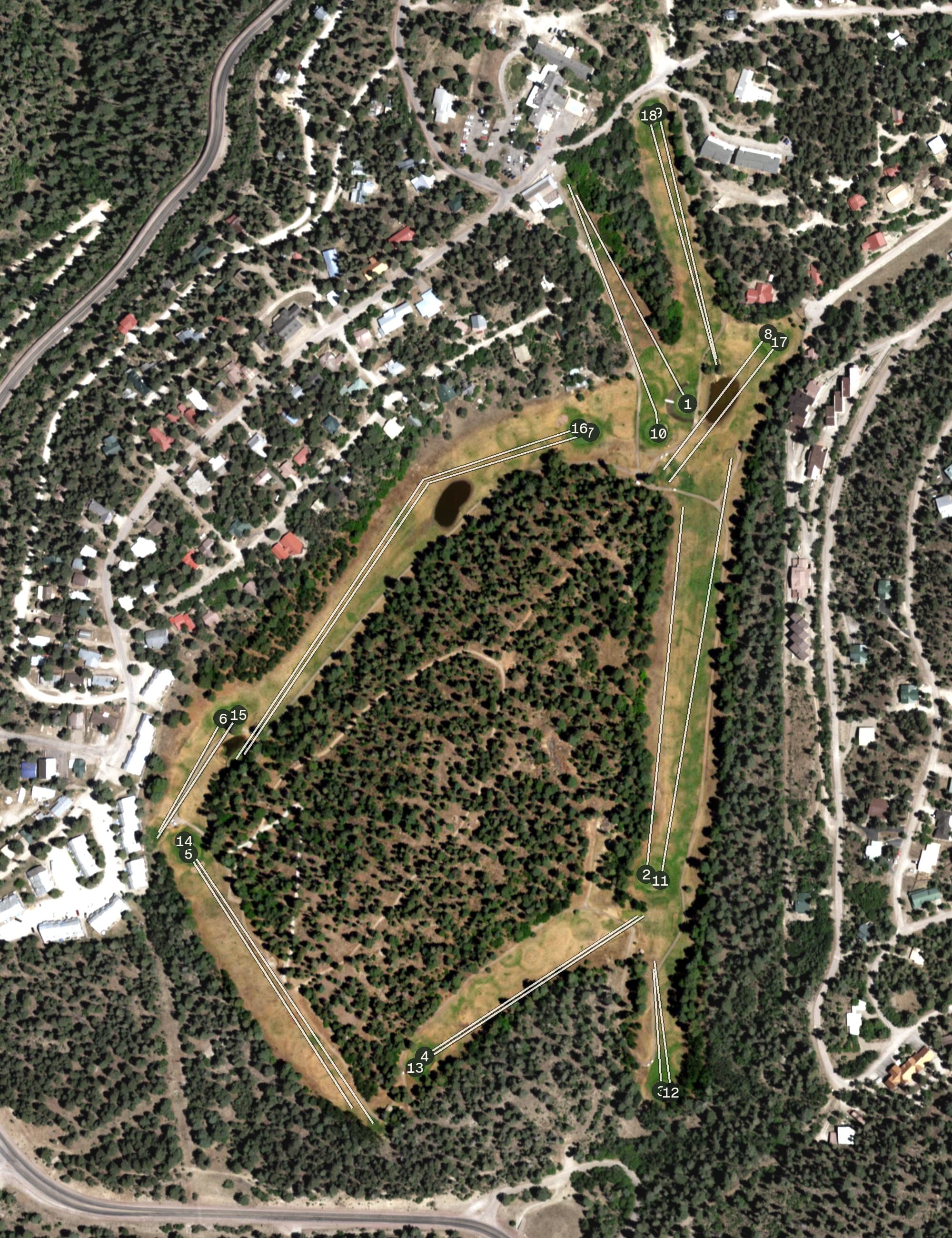 Aerial view of The Lodge Resort, NM, with its hole routing marked