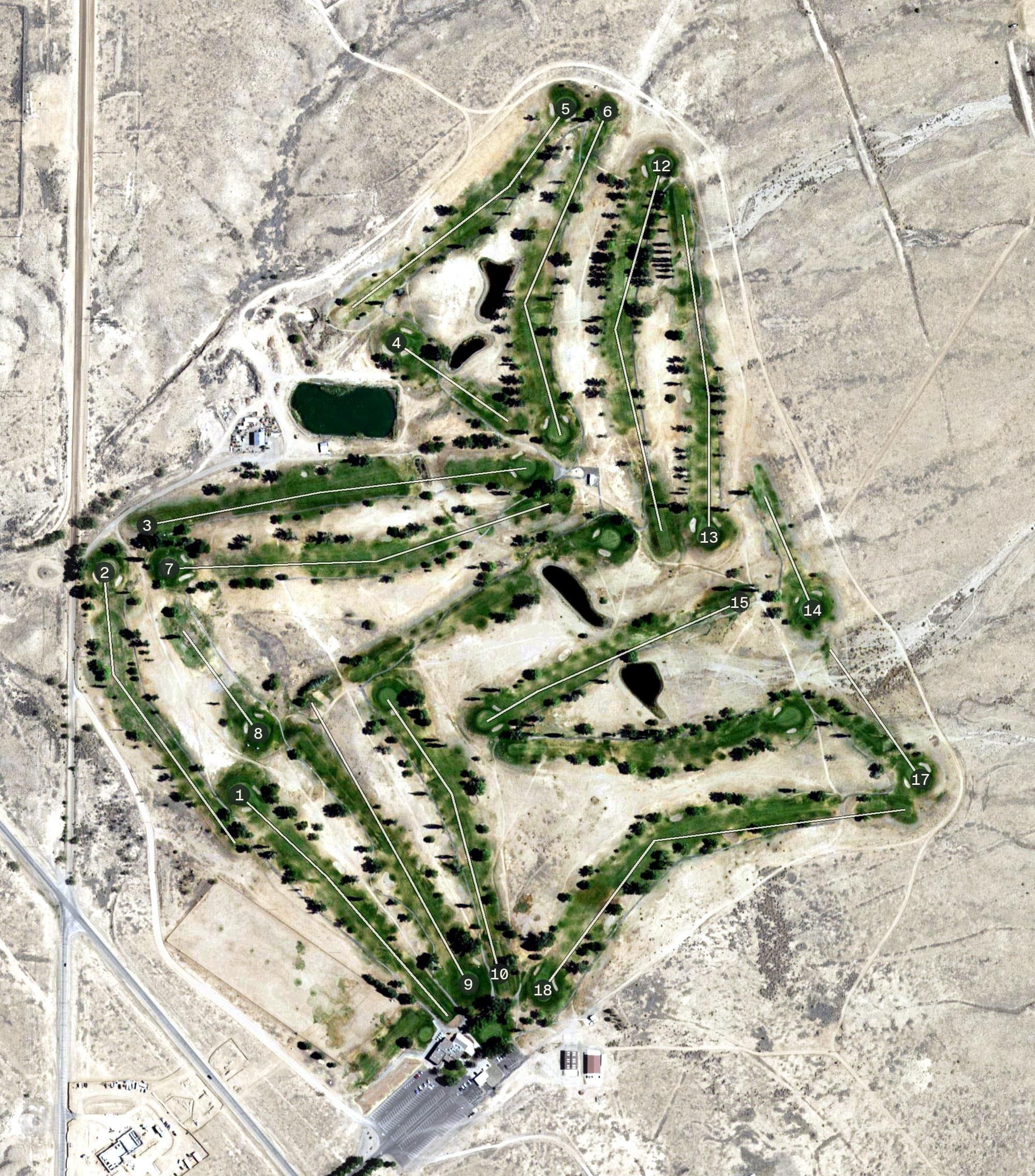 Aerial view of Tijeras Arroyo Golf Course, NM, with its hole routing marked