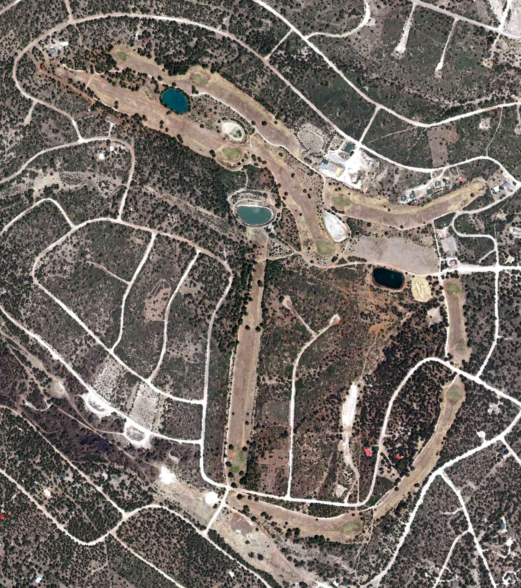 Aerial view of Timberon Golf Course, NM, with its hole routing marked
