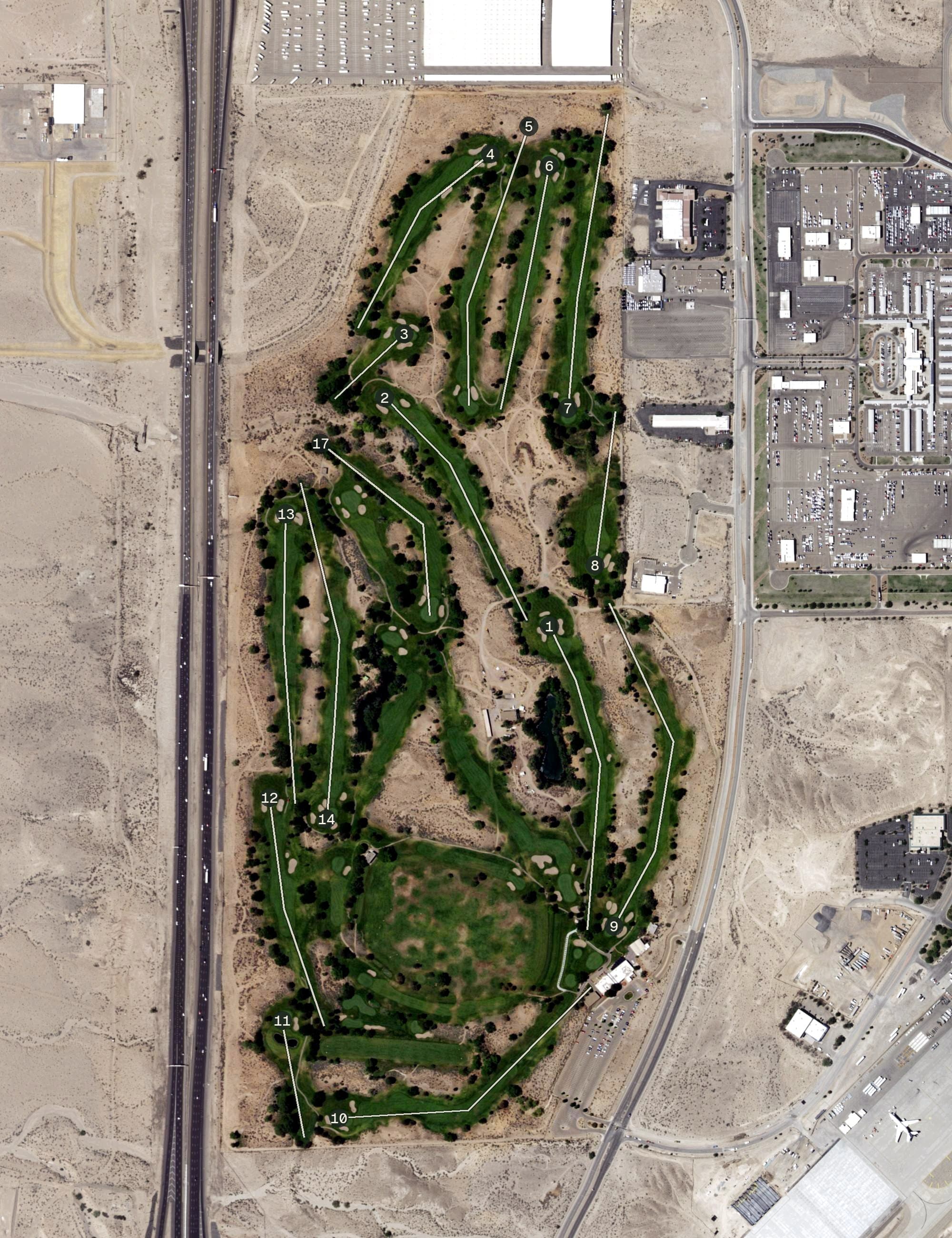 Aerial view of University of New Mexico Championship Golf Course, NM, with its hole routing marked