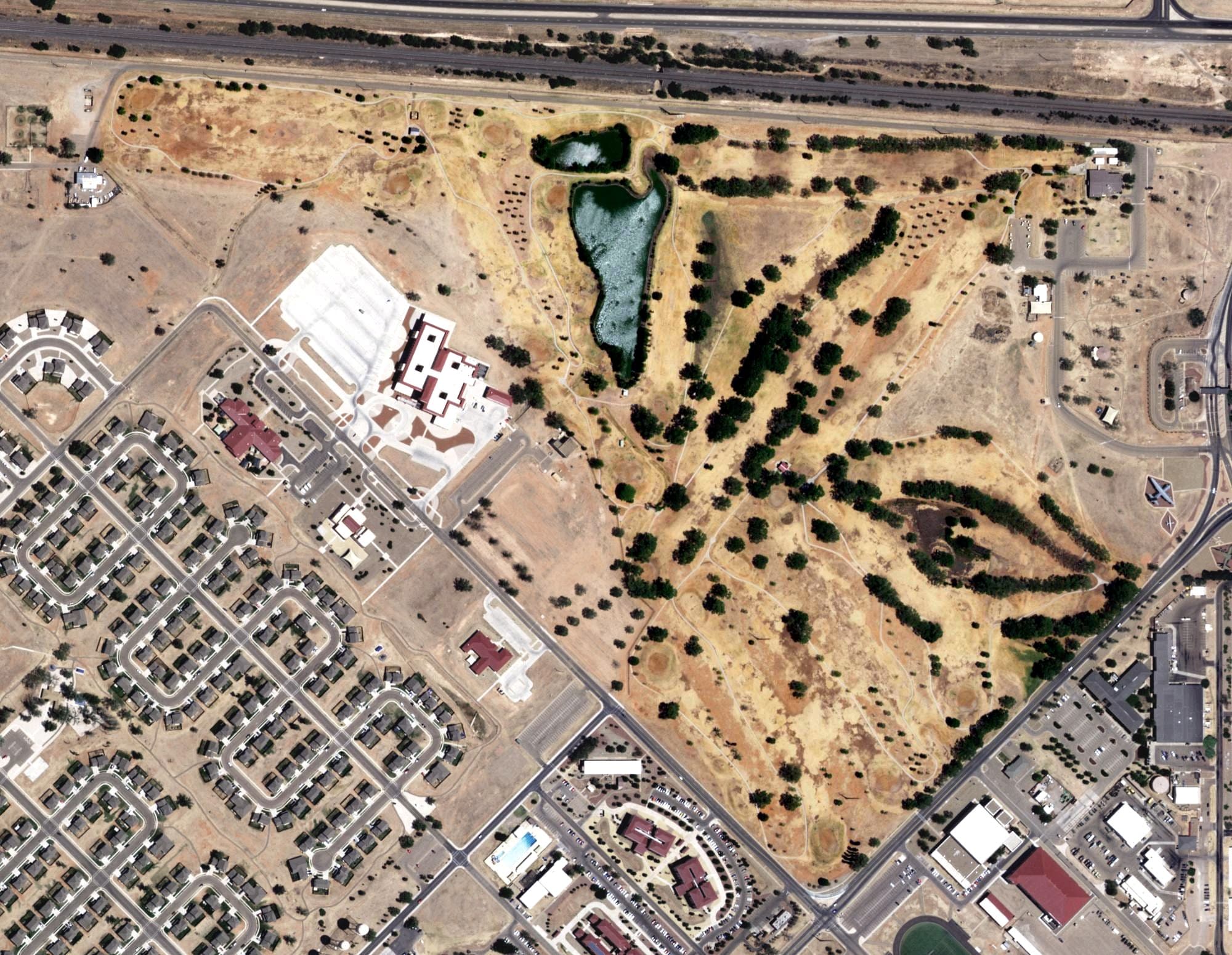 Aerial view of Whispering Winds Golf Course (Cannon AFB), NM, with its hole routing marked