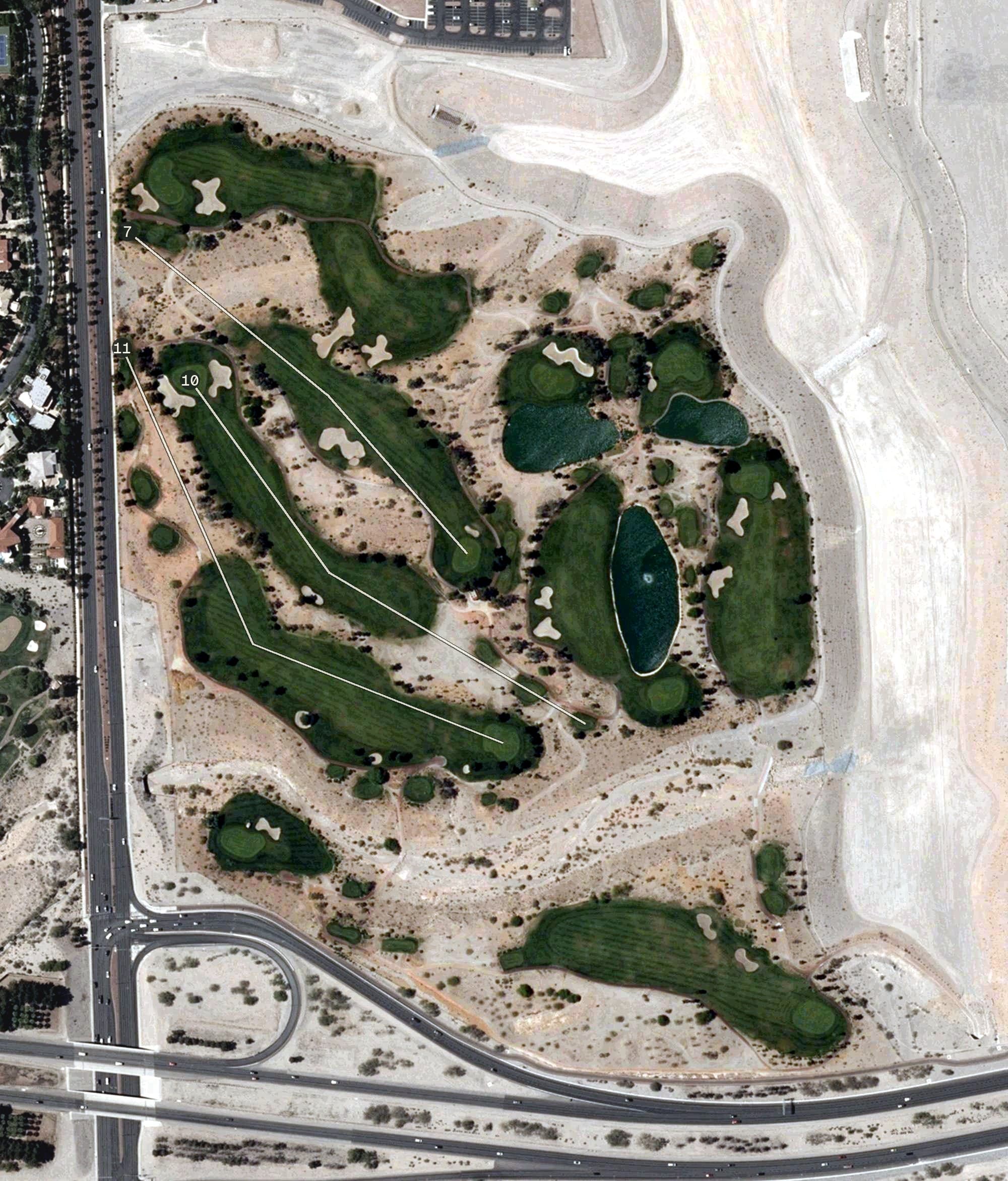 Aerial view of Angel Park Golf Club - Palm, NV, with its hole routing marked