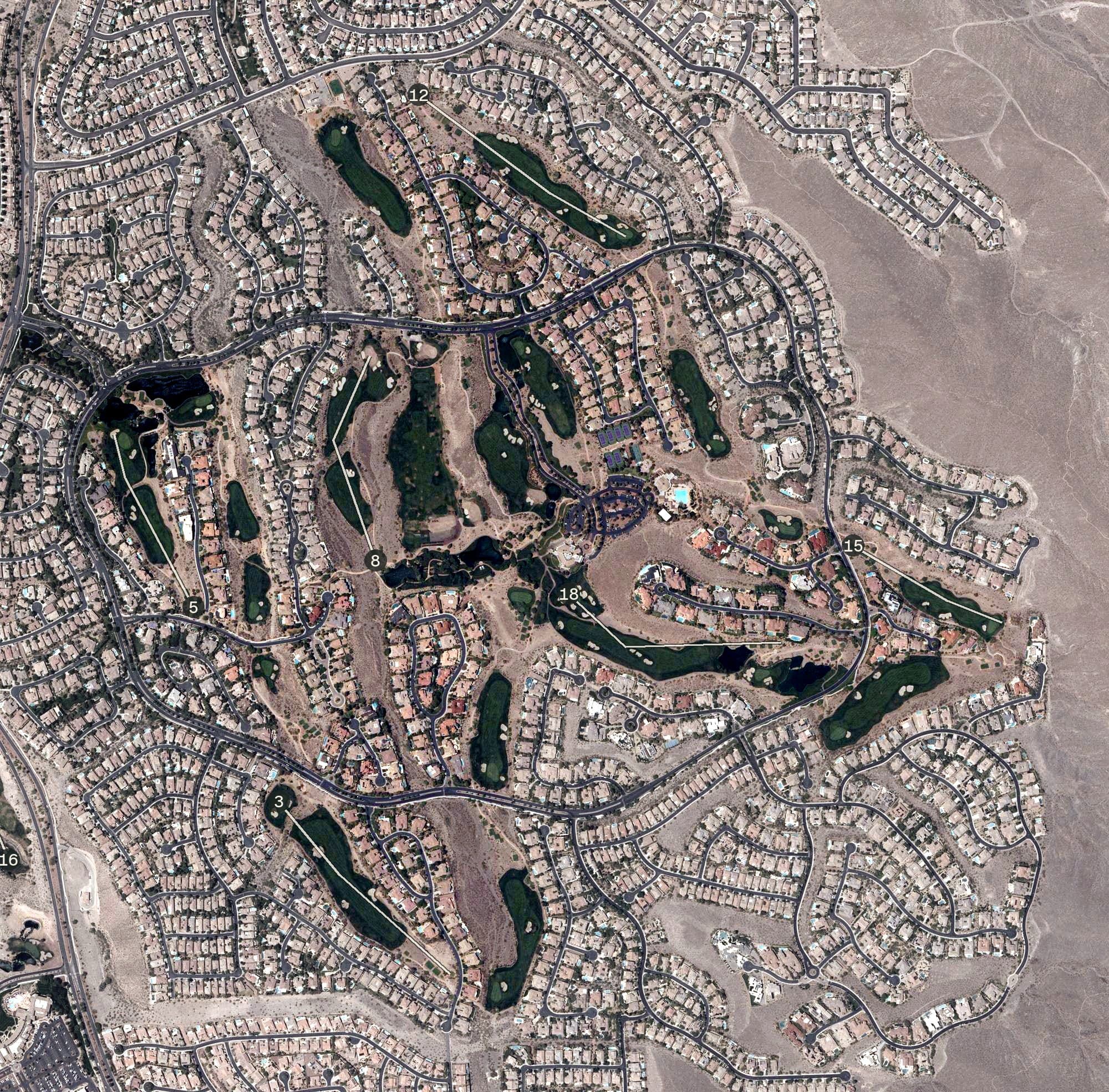 Aerial view of Anthem Country Club, NV, with its hole routing marked