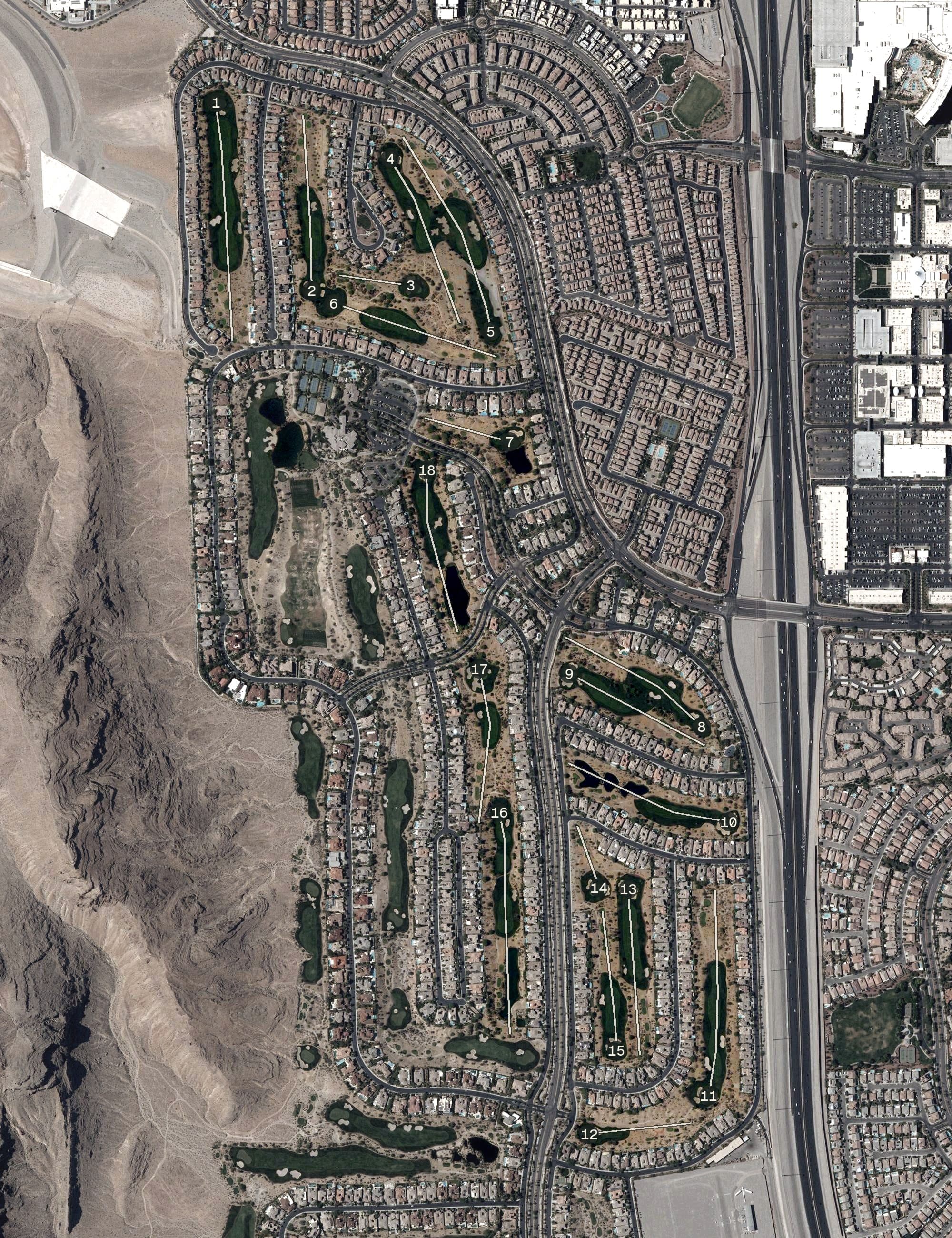 Aerial view of Arroyo Golf Club, NV, with its hole routing marked