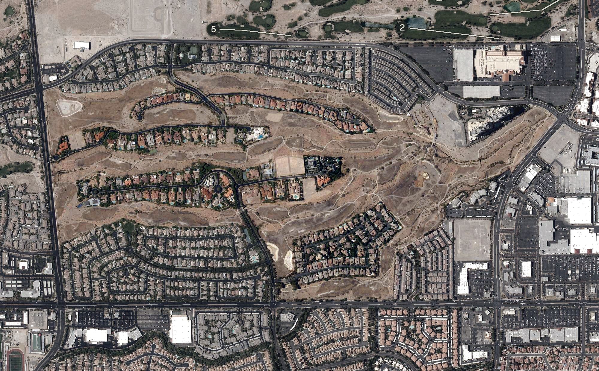 Aerial view of Badlands Golf Club, NV, with its hole routing marked