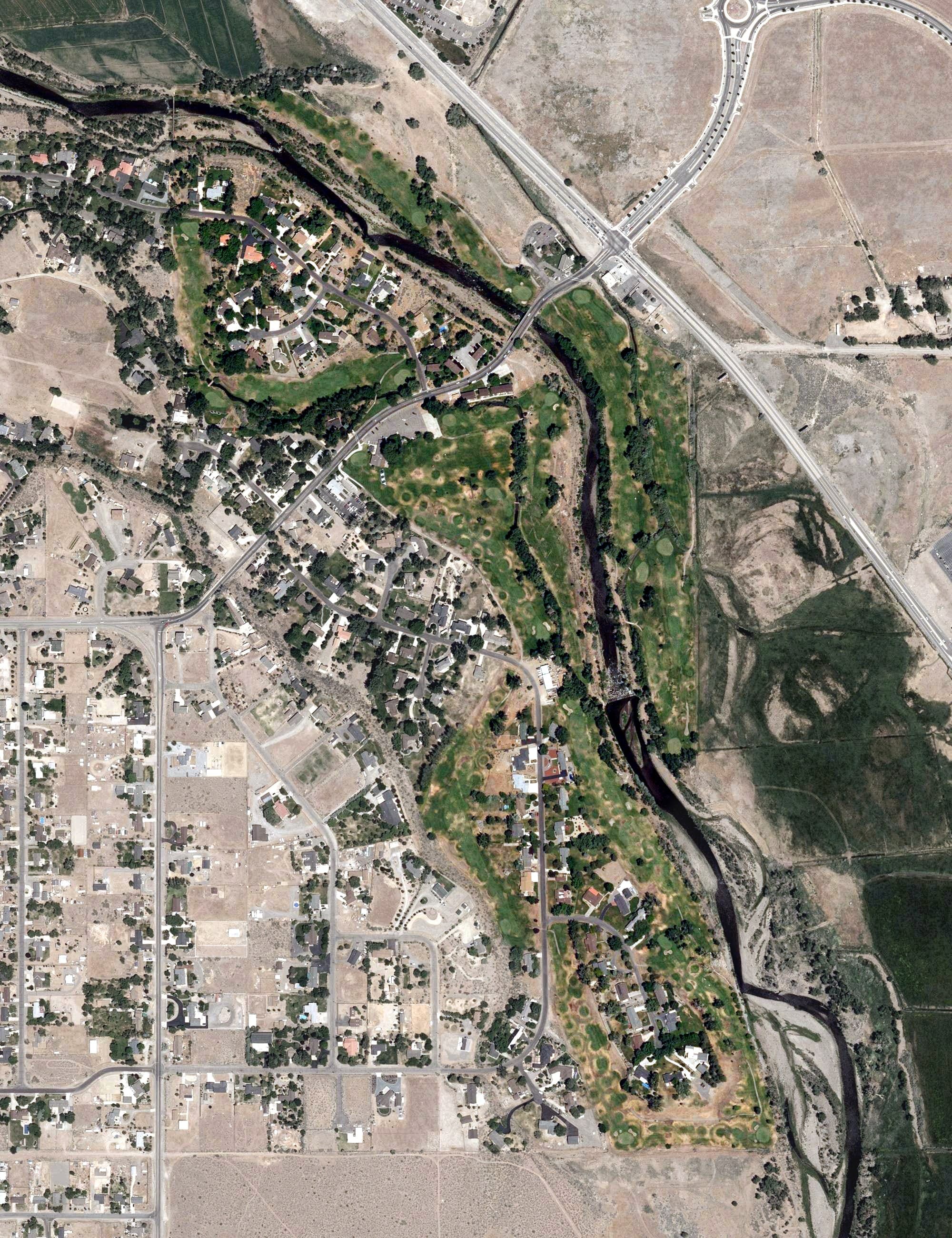 Aerial view of Carson Valley Golf Course, NV, with its hole routing marked