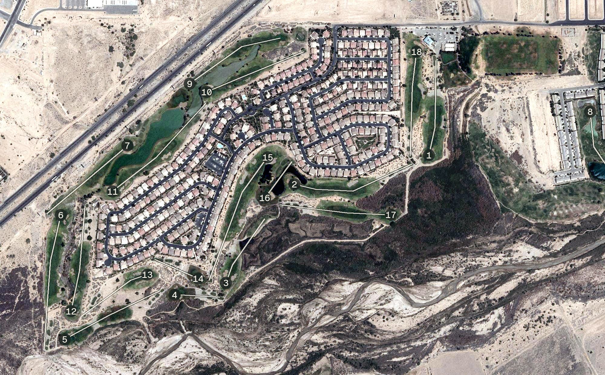 Aerial view of Casablanca Golf Course, NV, with its hole routing marked