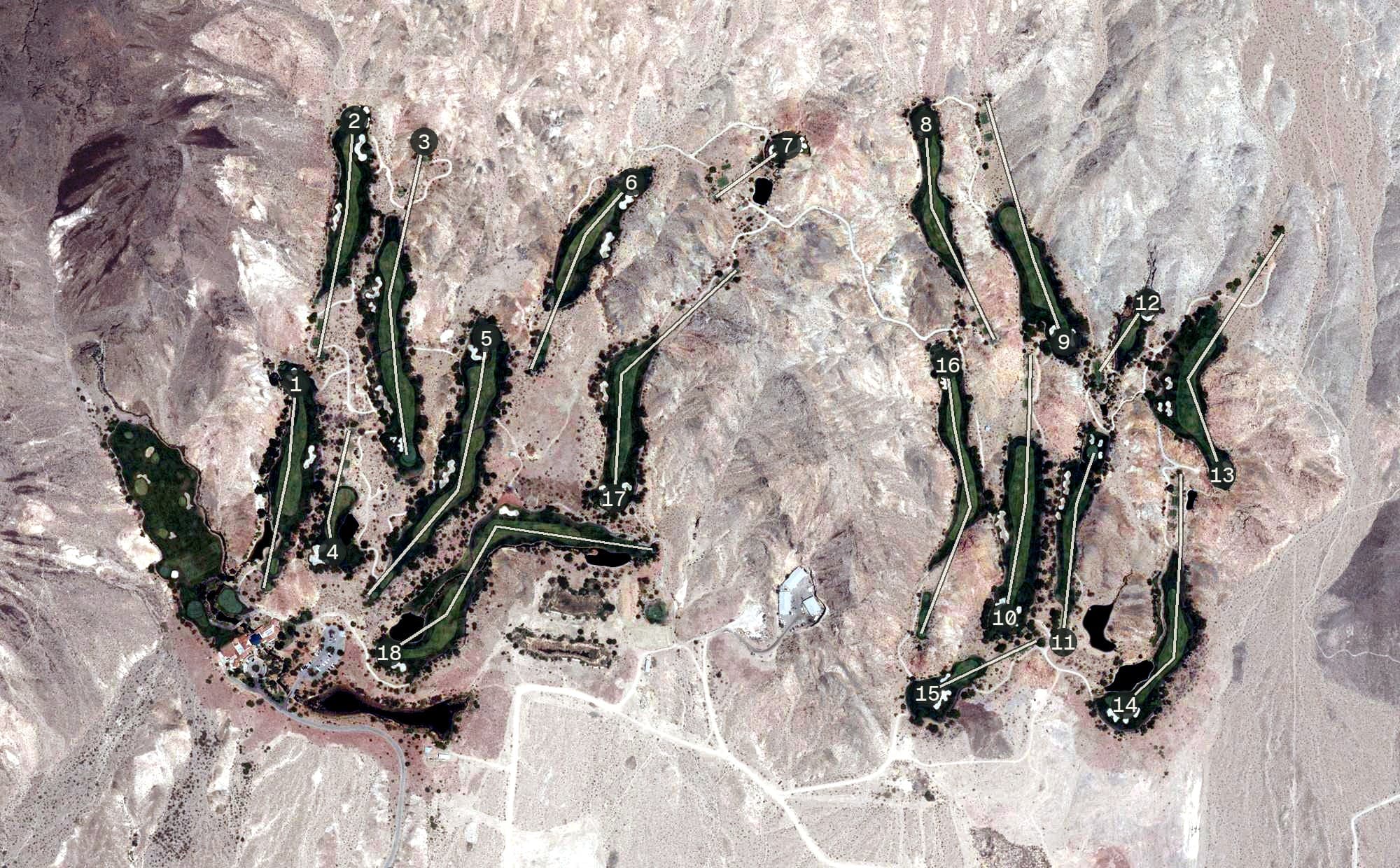 Aerial view of Cascata Golf Course, NV, with its hole routing marked