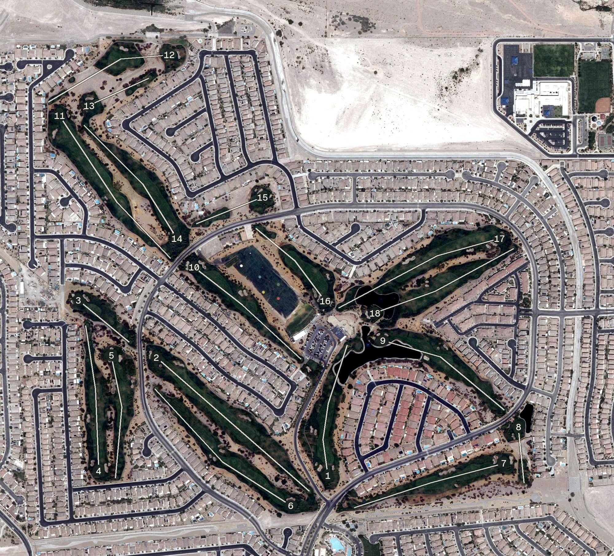Aerial view of Chimera Golf Club, NV, with its hole routing marked