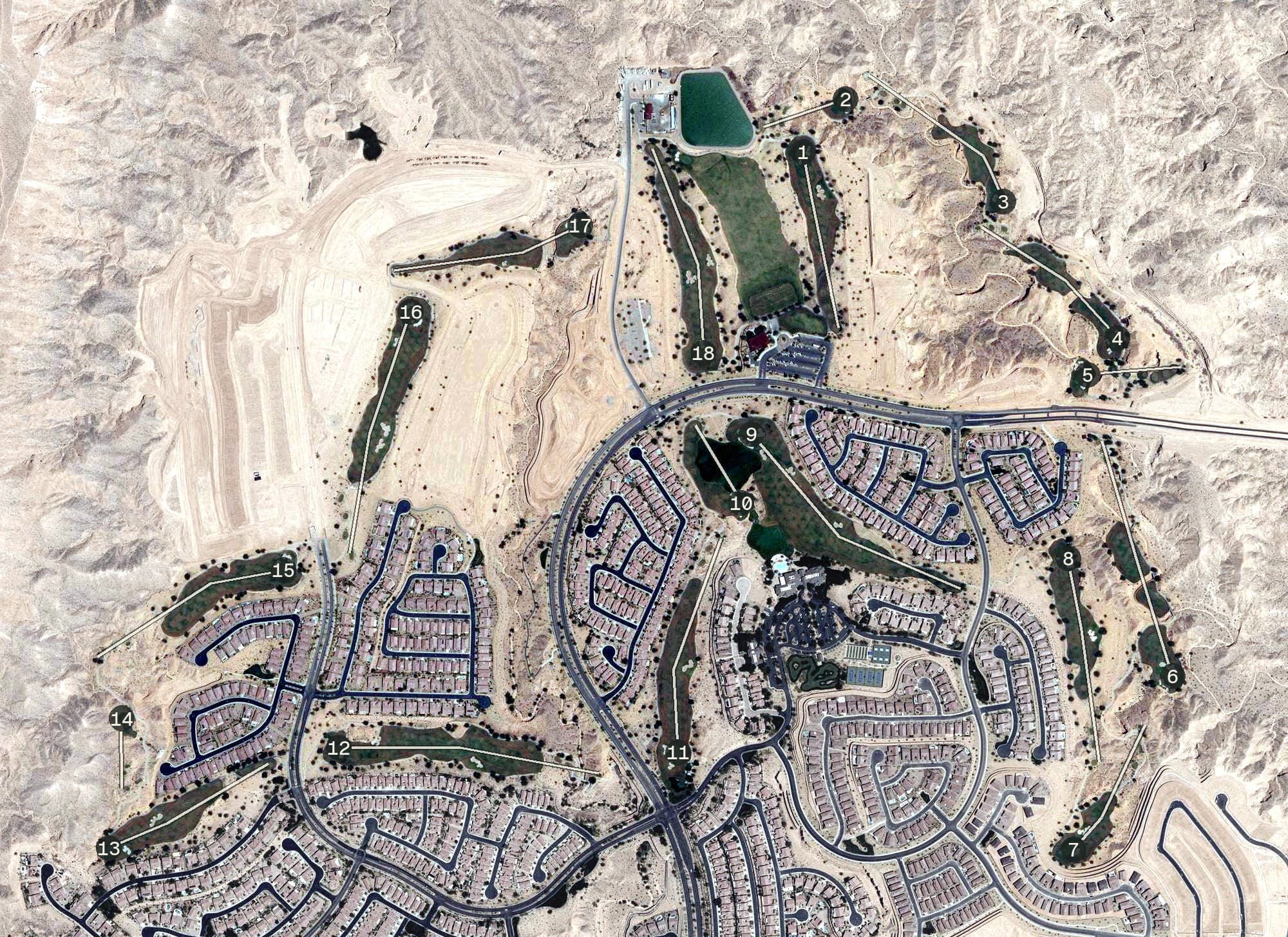 Aerial view of Conestoga Golf Club, NV, with its hole routing marked