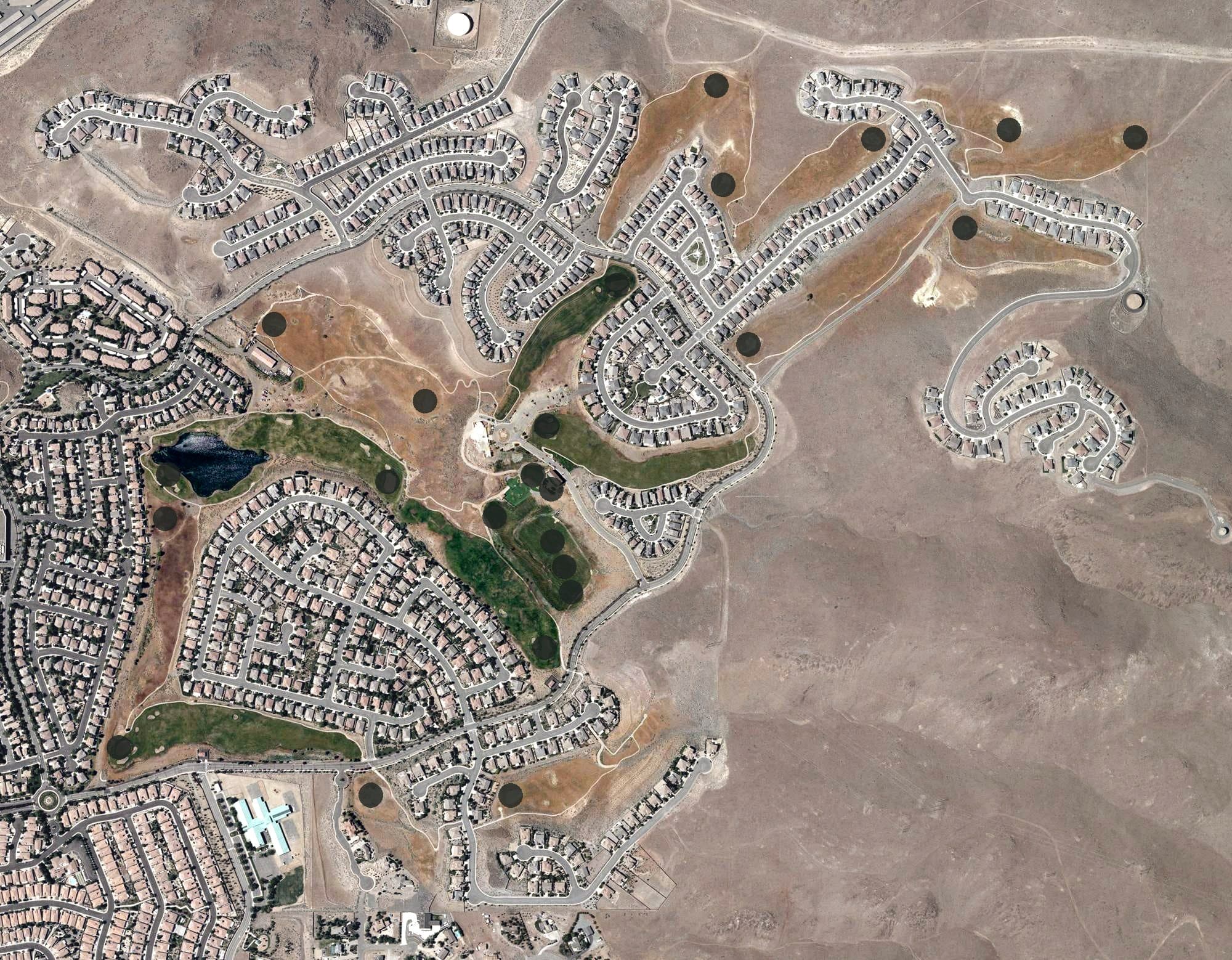 Aerial view of D'Andrea Golf Club, NV, with its hole routing marked