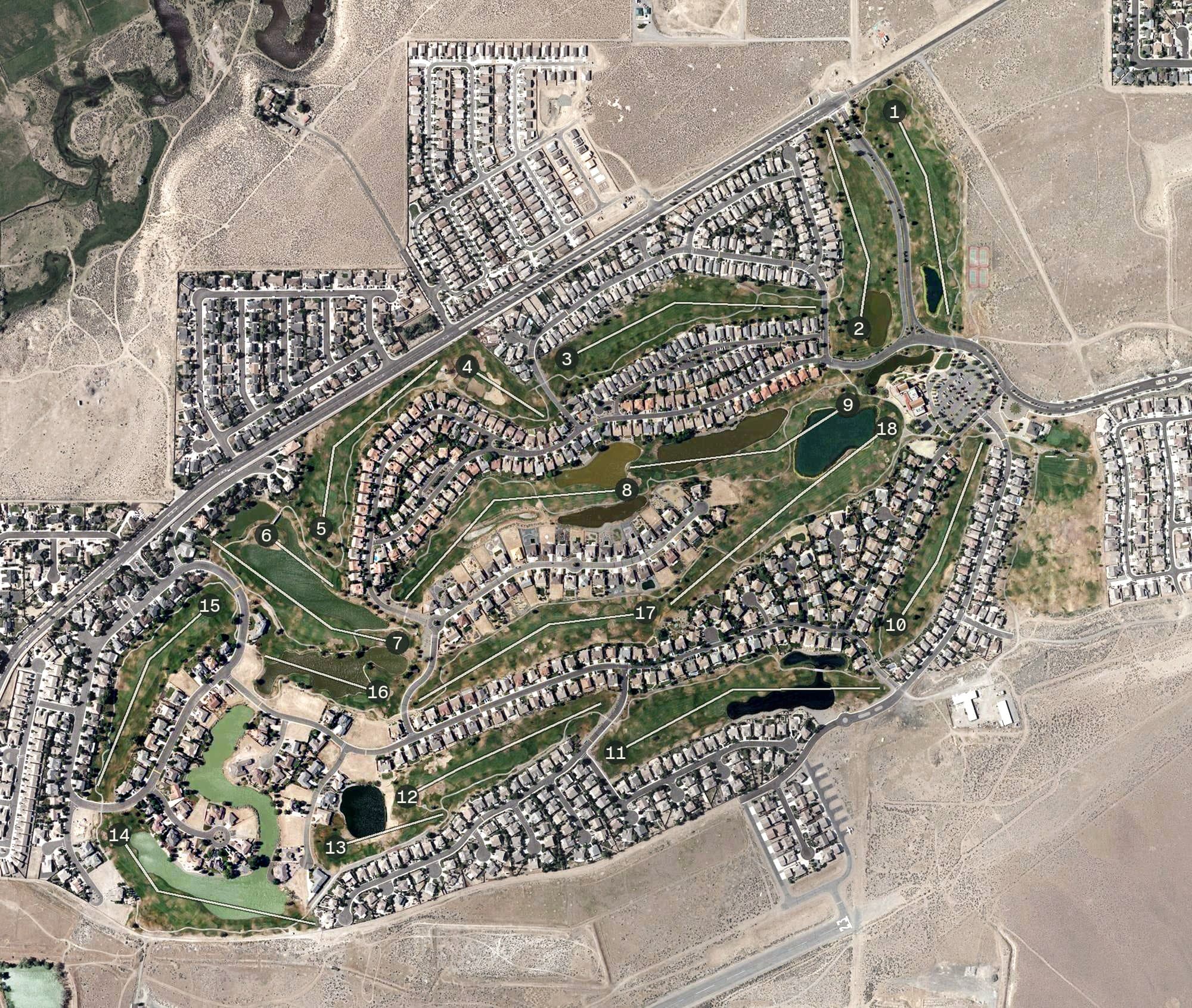 Aerial view of Dayton Valley Golf Course, NV, with its hole routing marked