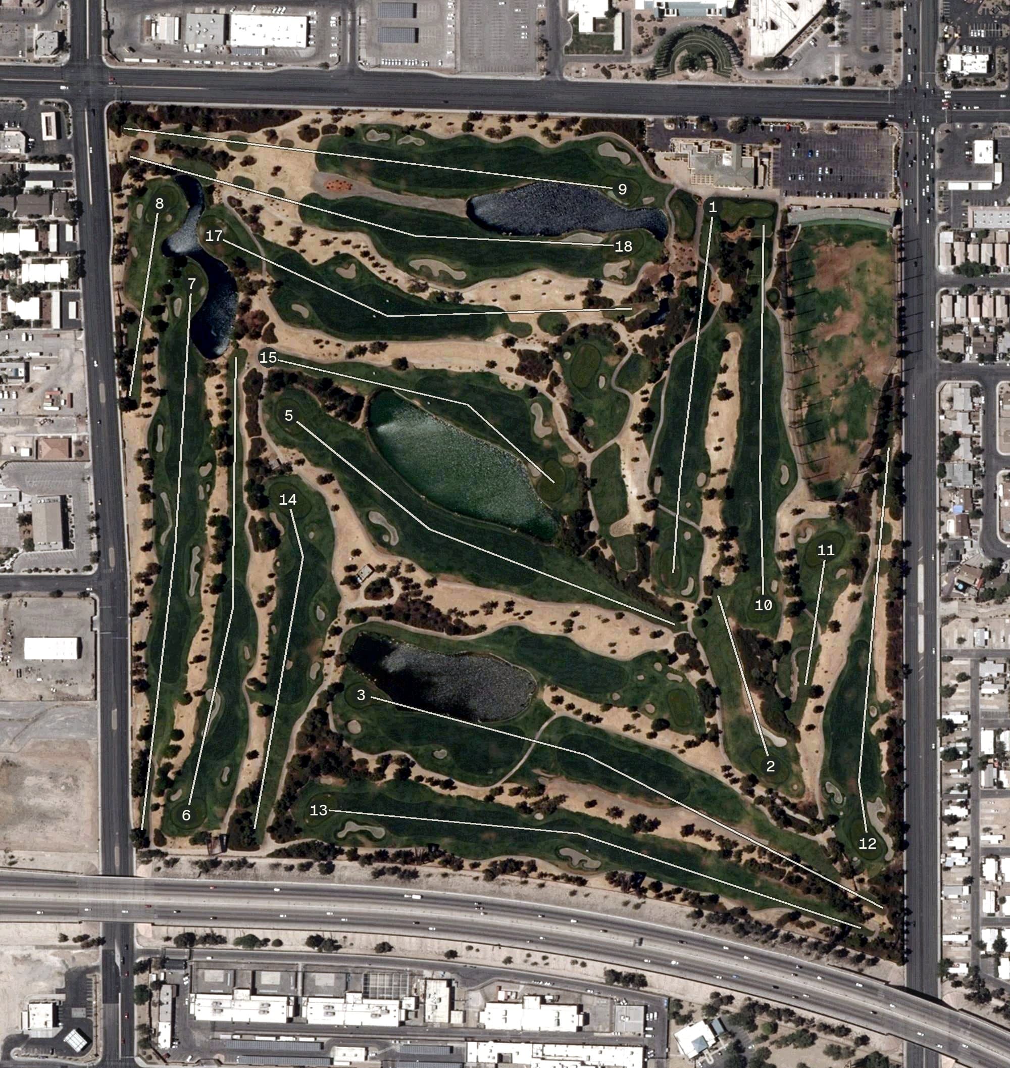 Aerial view of Desert Pines Golf Club, NV, with its hole routing marked