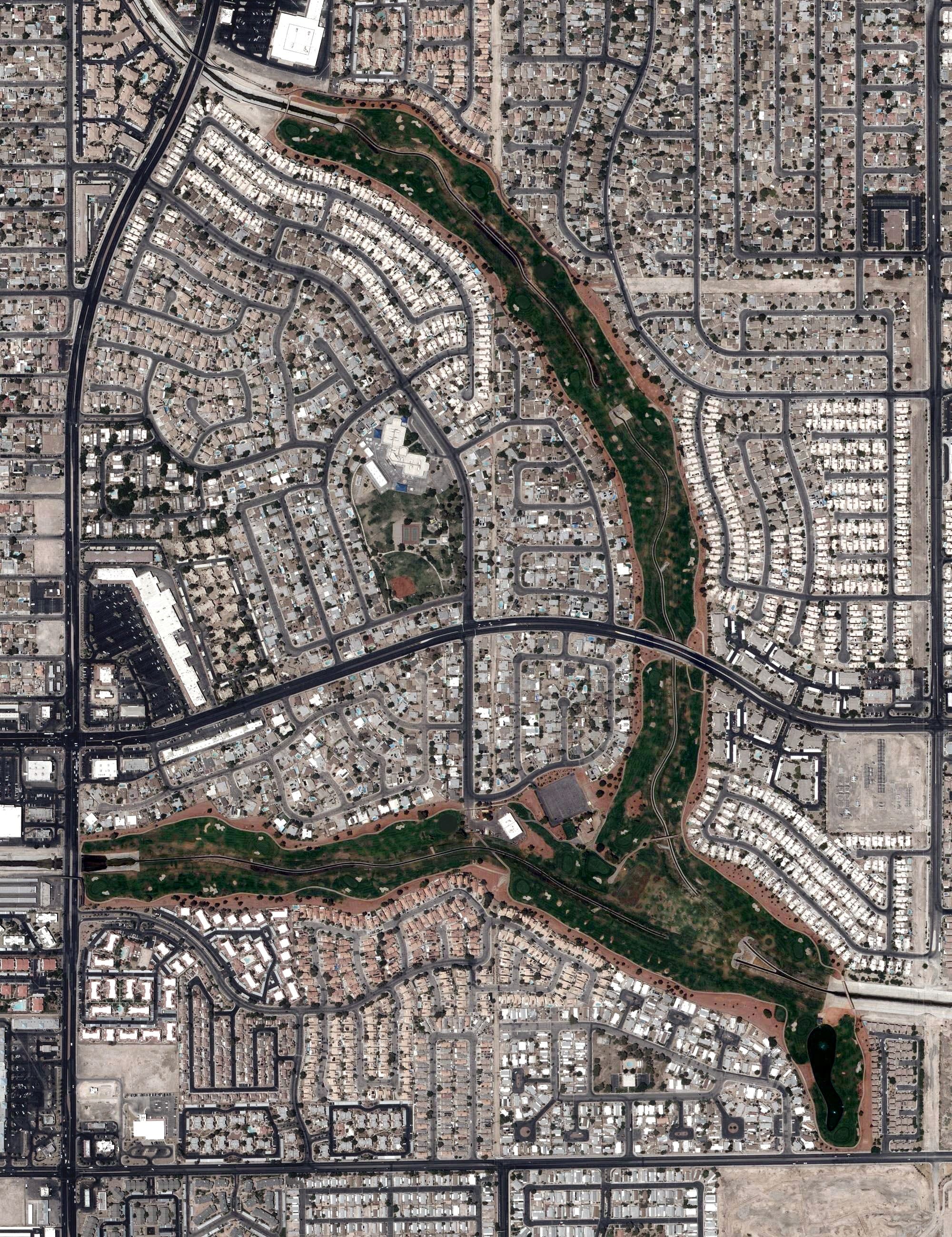 Aerial view of Desert Rose Golf Course, NV, with its hole routing marked