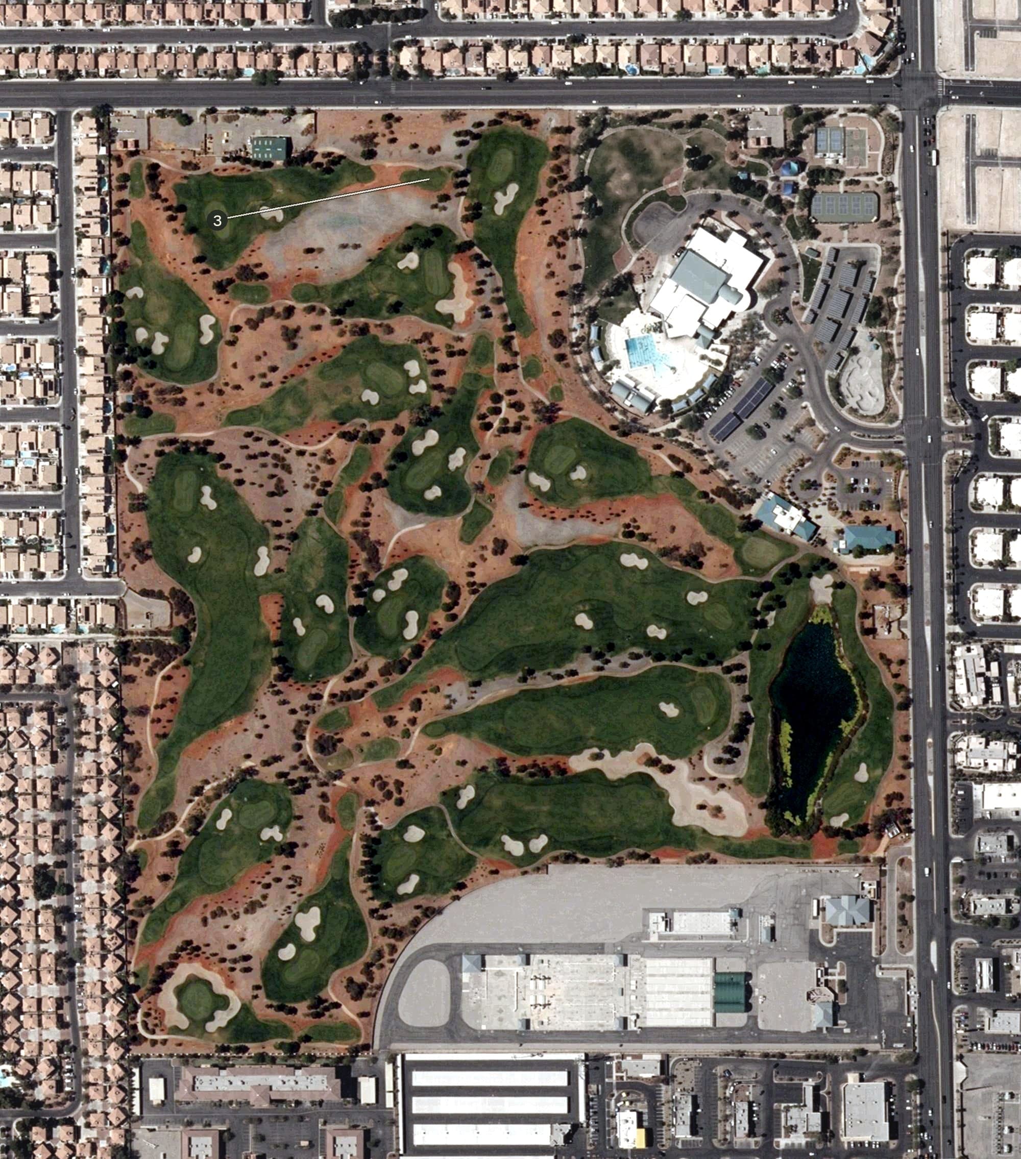 Aerial view of Durango Hills Golf Club, NV, with its hole routing marked
