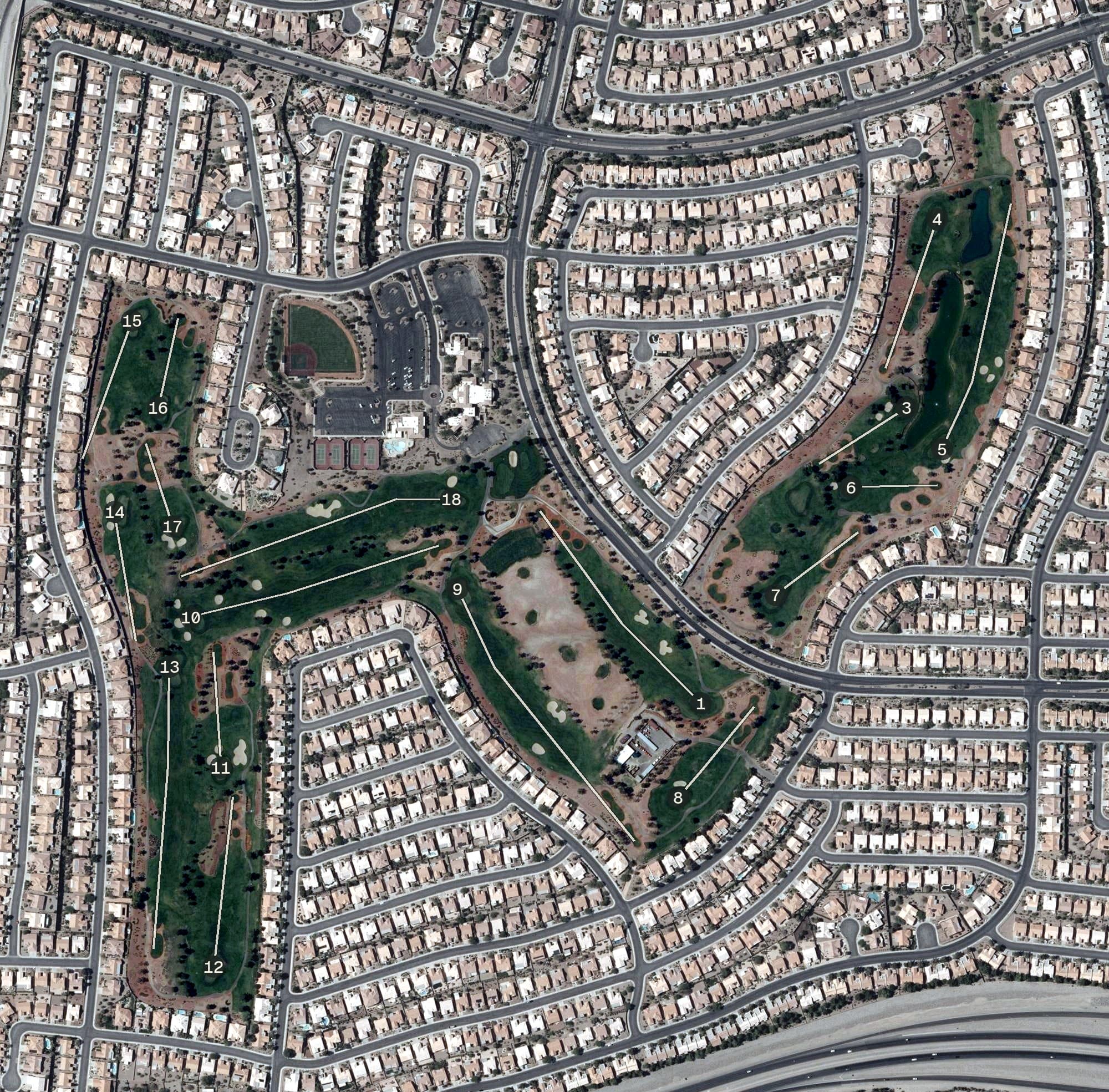 Aerial view of Eagle Crest Golf Course, NV, with its hole routing marked