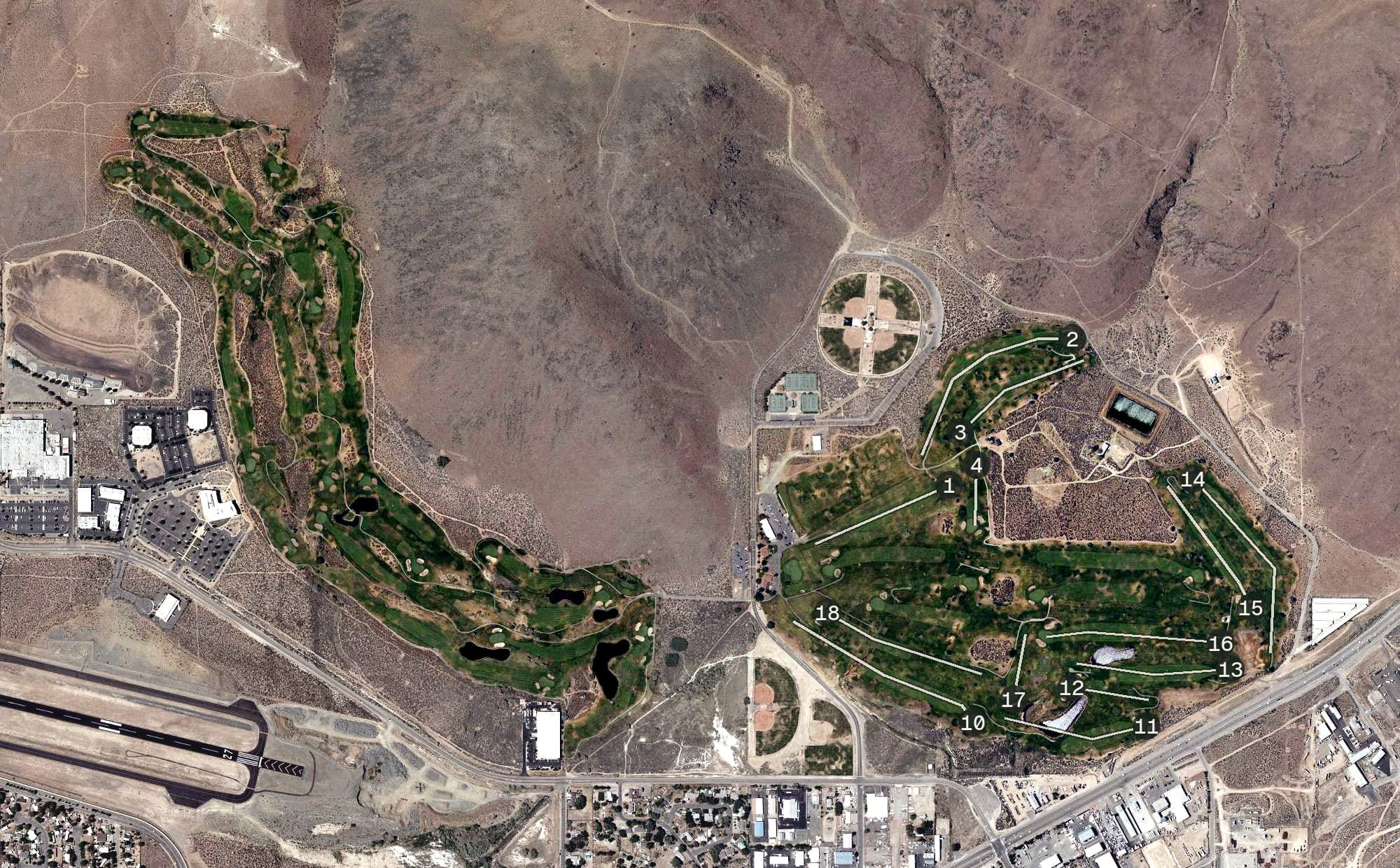 Aerial view of Eagle Valley Golf Course, NV, with its hole routing marked