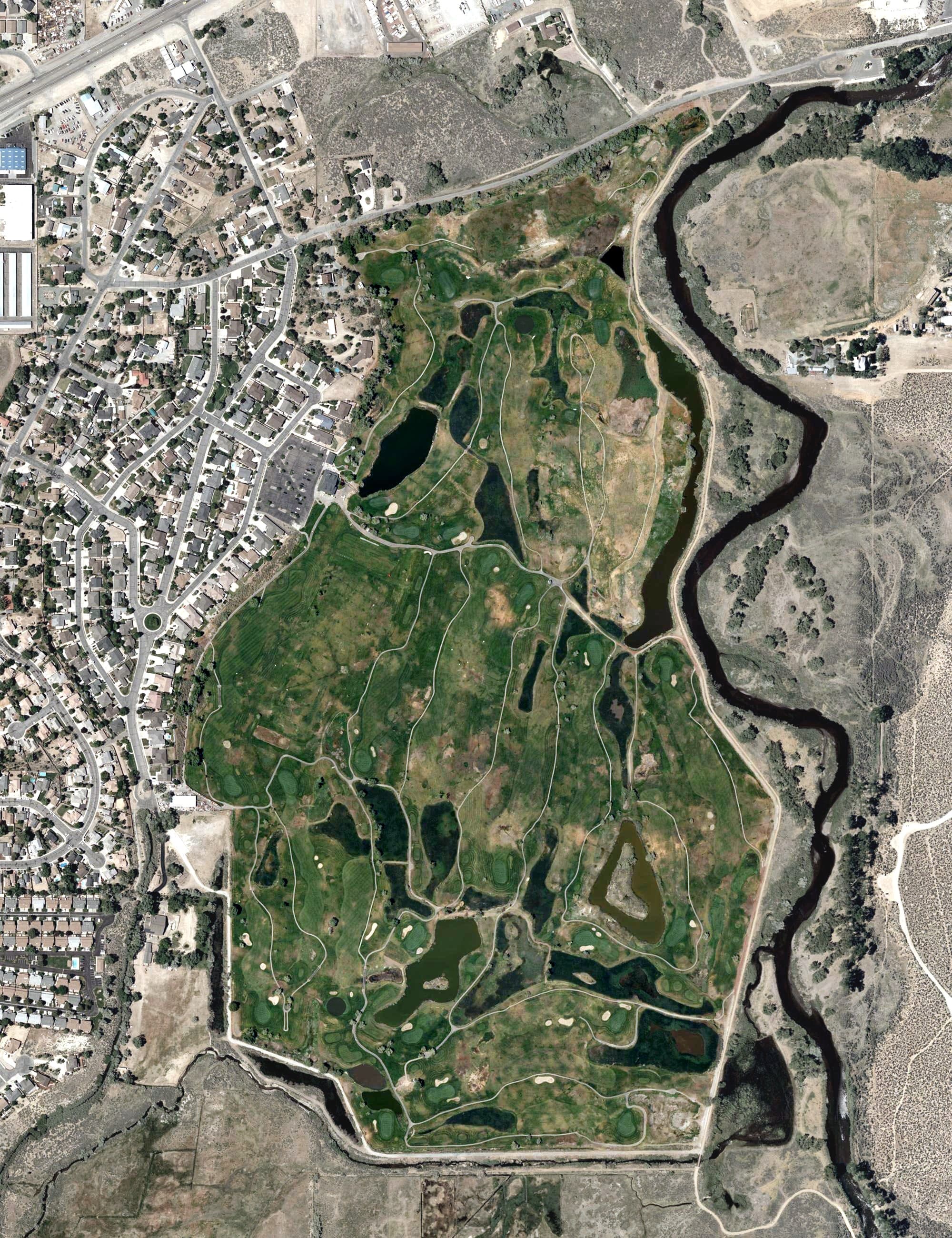 Aerial view of Empire Ranch Golf Course, NV, with its hole routing marked