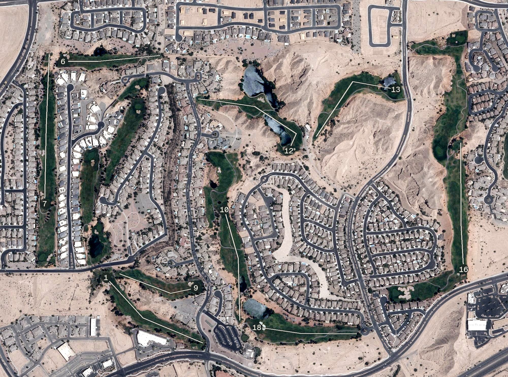 Aerial view of Falcon Ridge Golf Course, NV, with its hole routing marked