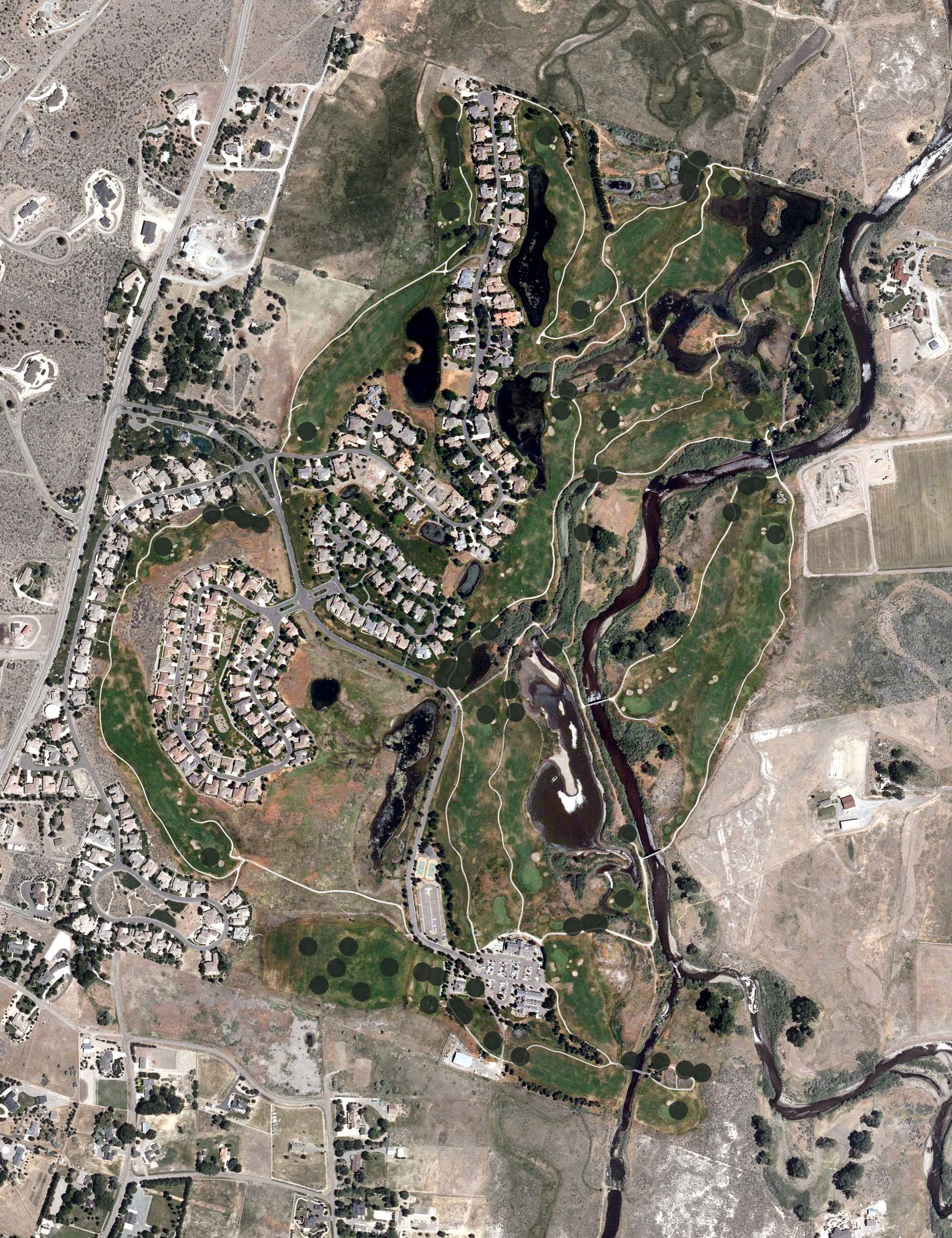 Aerial view of Genoa Golf Club - Lakes Course, NV, with its hole routing marked