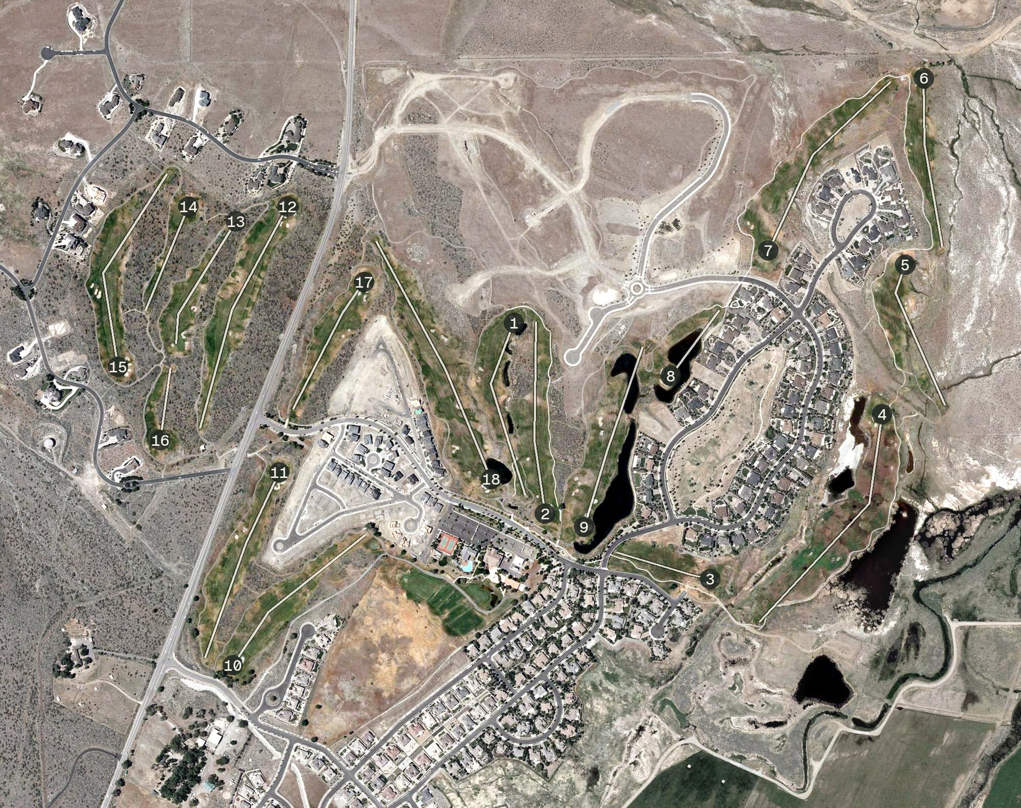 Aerial view of Genoa Golf Club - Ranch Course, NV, with its hole routing marked