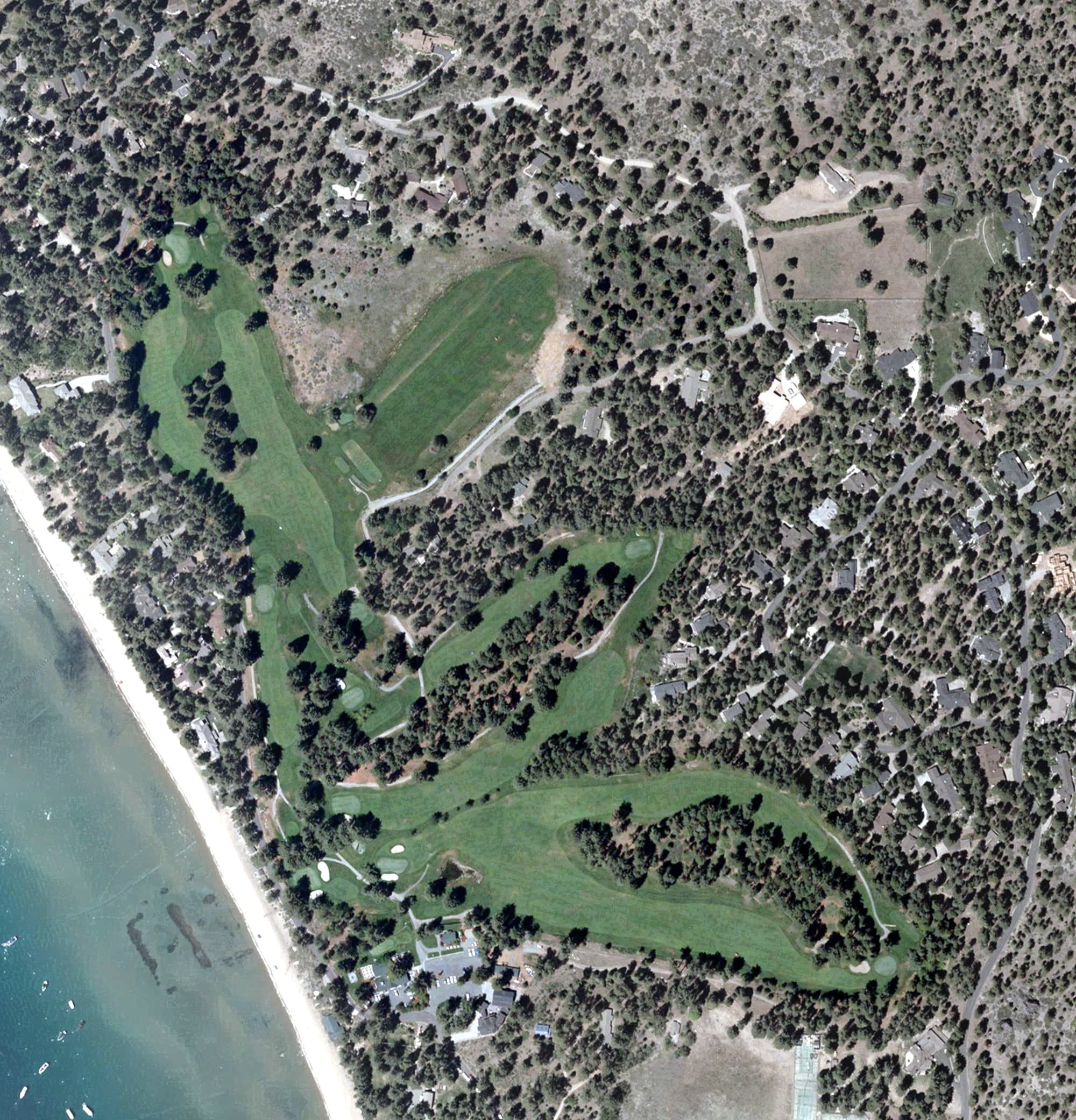 Aerial view of Glenbrook Club, NV, with its hole routing marked