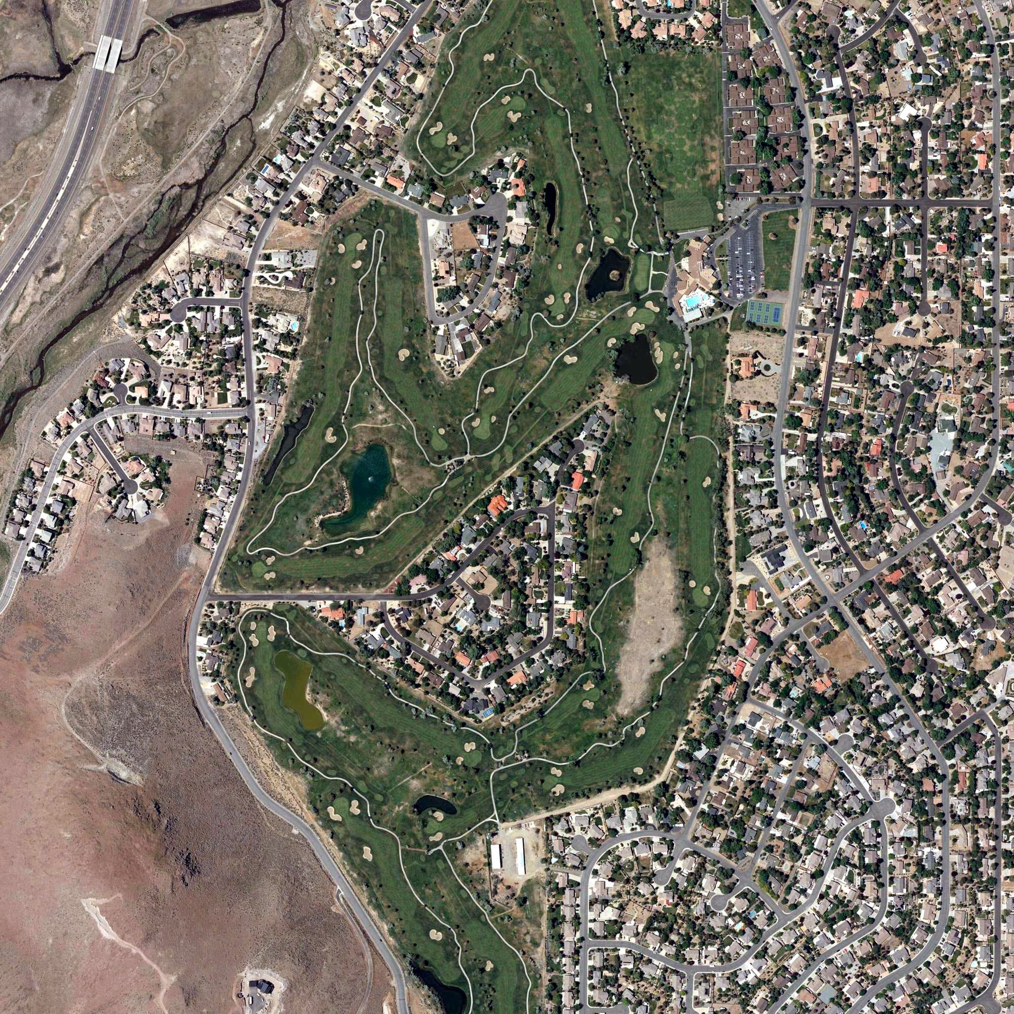 Aerial view of Hidden Valley Country Club, NV, with its hole routing marked