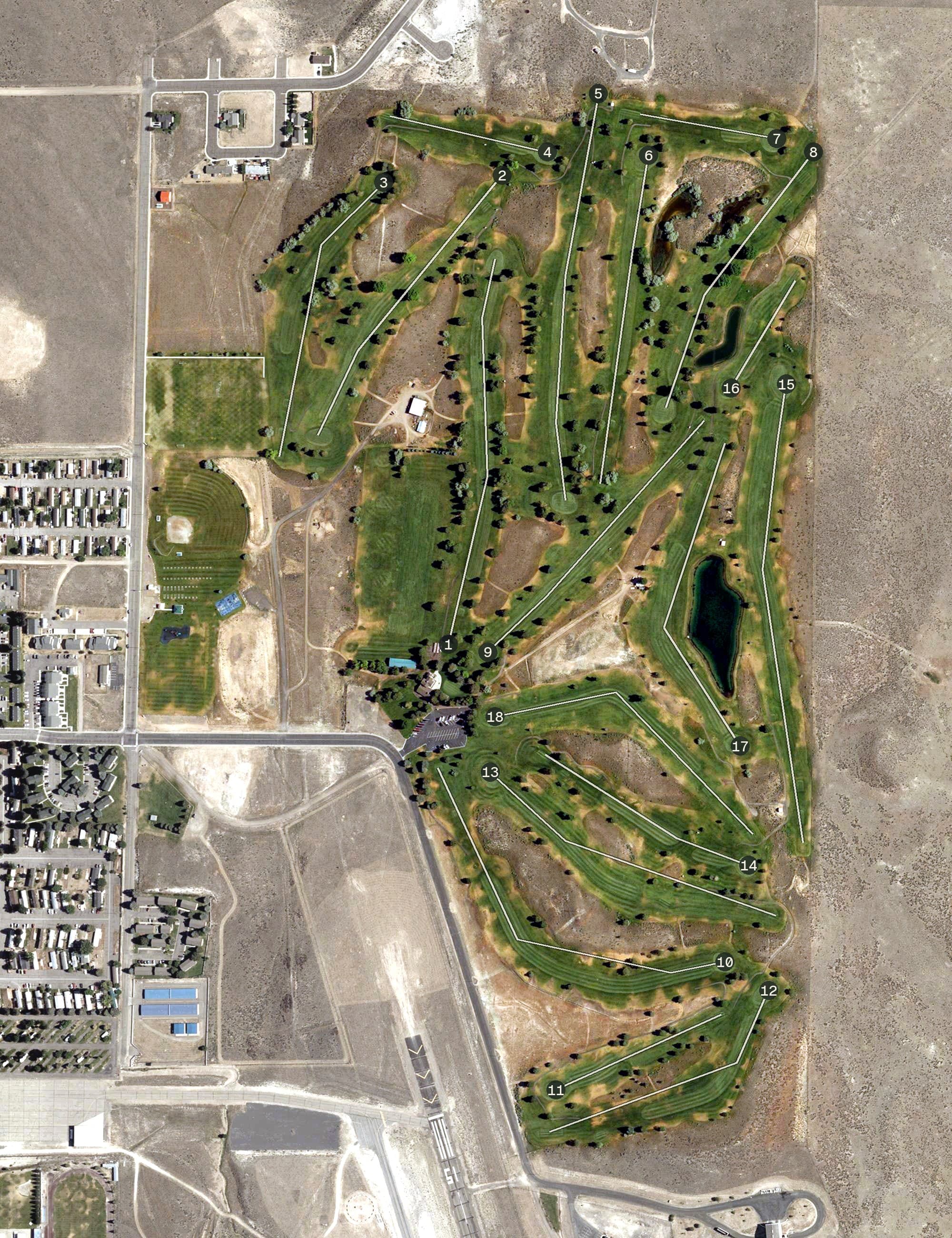Aerial view of Jackpot Golf Club, NV, with its hole routing marked