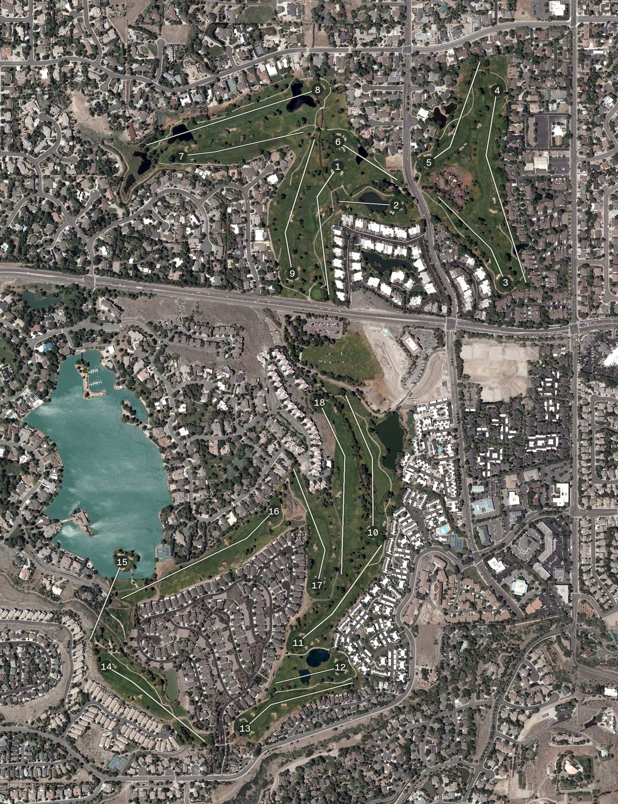 Aerial view of Lake Ridge Golf Course, NV, with its hole routing marked