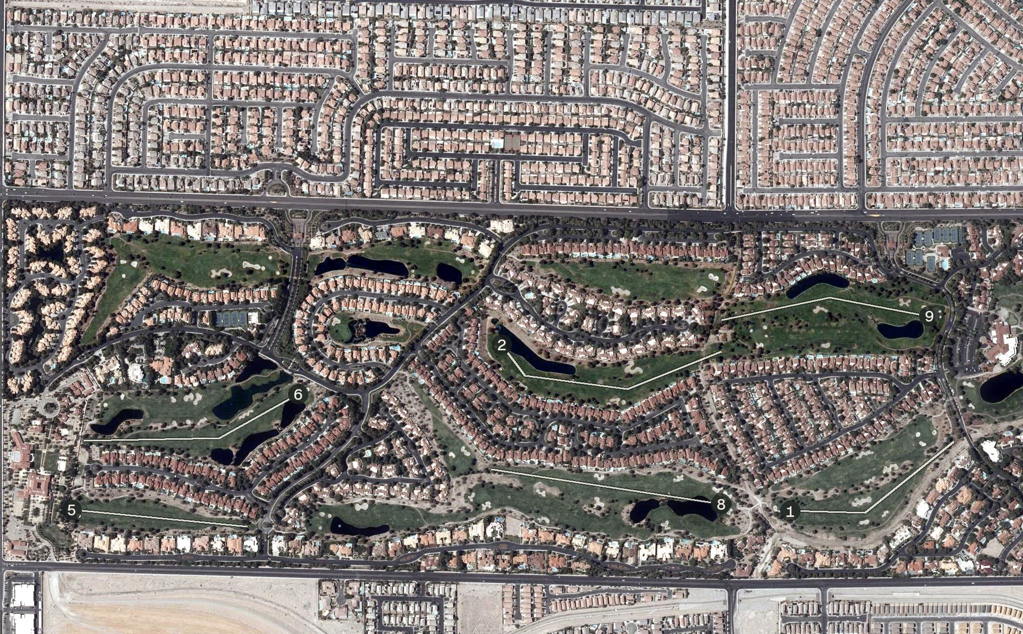 Aerial view of Lakes Course, NV, with its hole routing marked