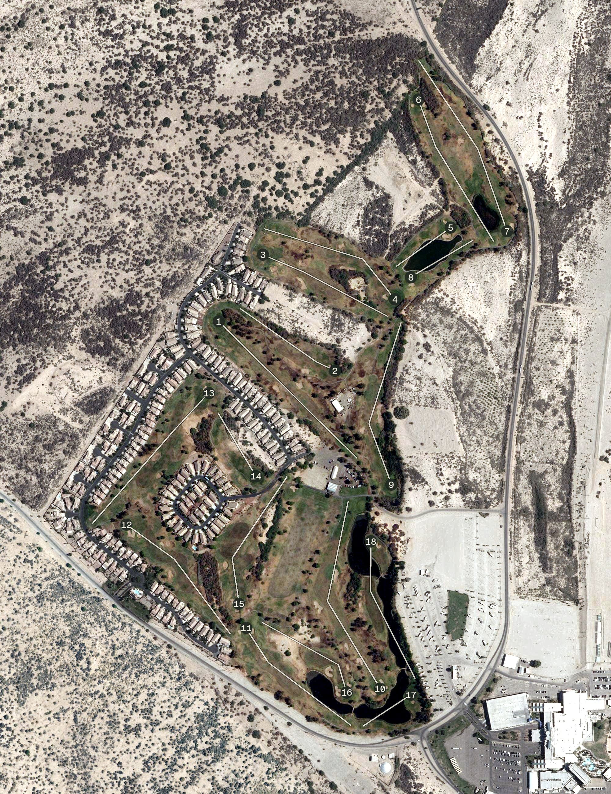 Aerial view of Mojave Resort Golf Club, NV, with its hole routing marked