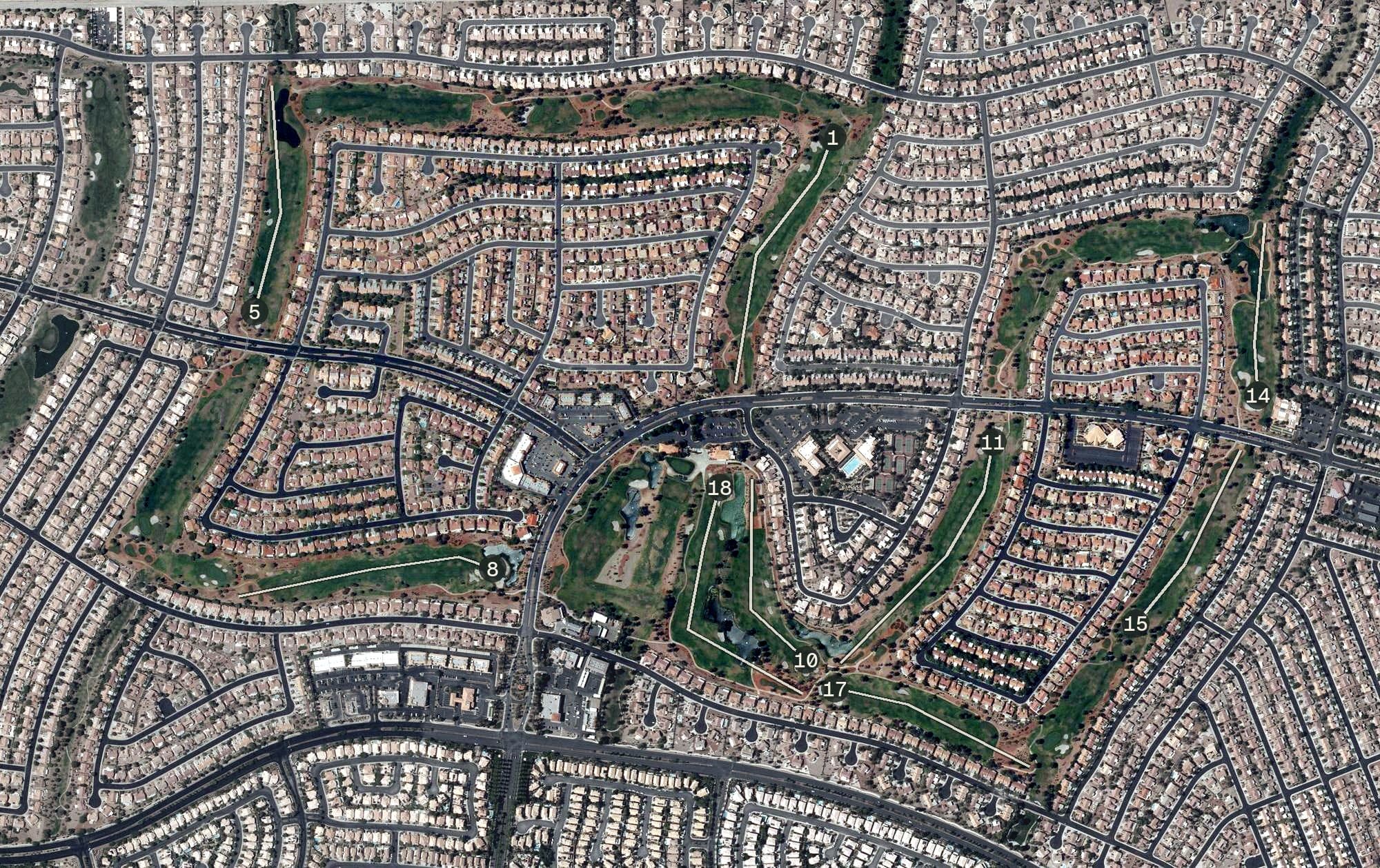 Aerial view of Palm Valley Golf Course, NV, with its hole routing marked