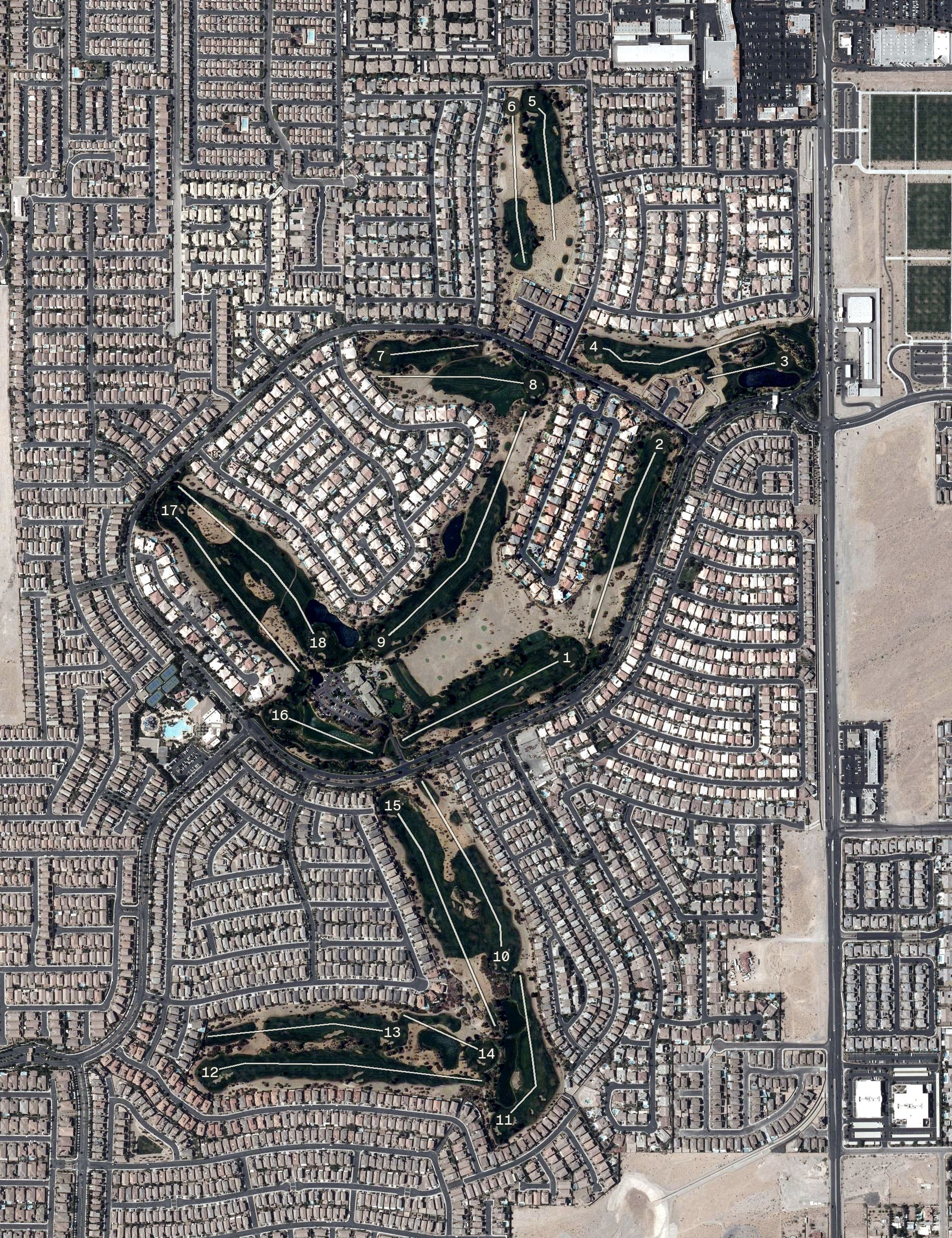 Aerial view of Rhodes Ranch Country Club, NV, with its hole routing marked