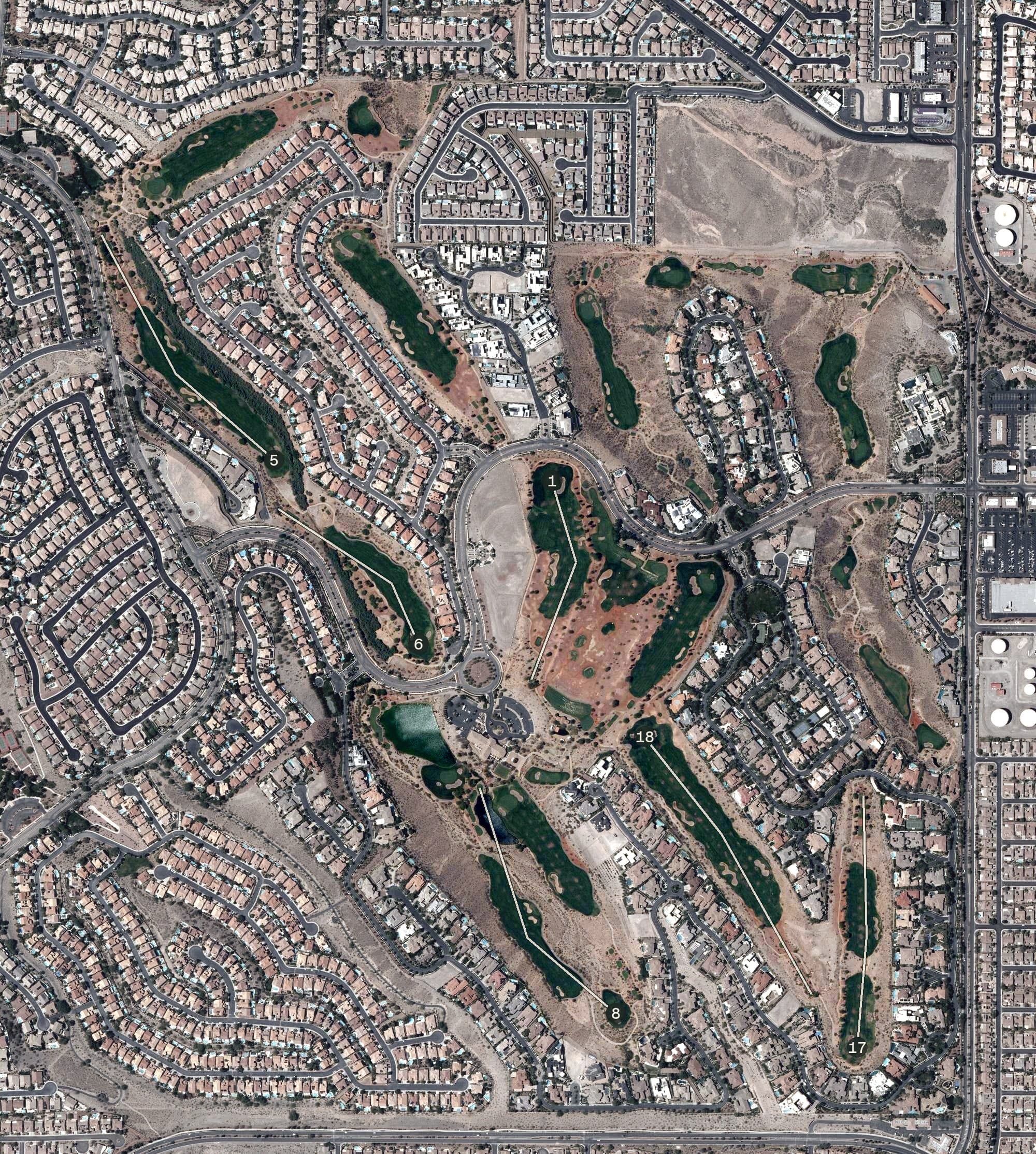 Aerial view of Rio Secco Golf Club, NV, with its hole routing marked